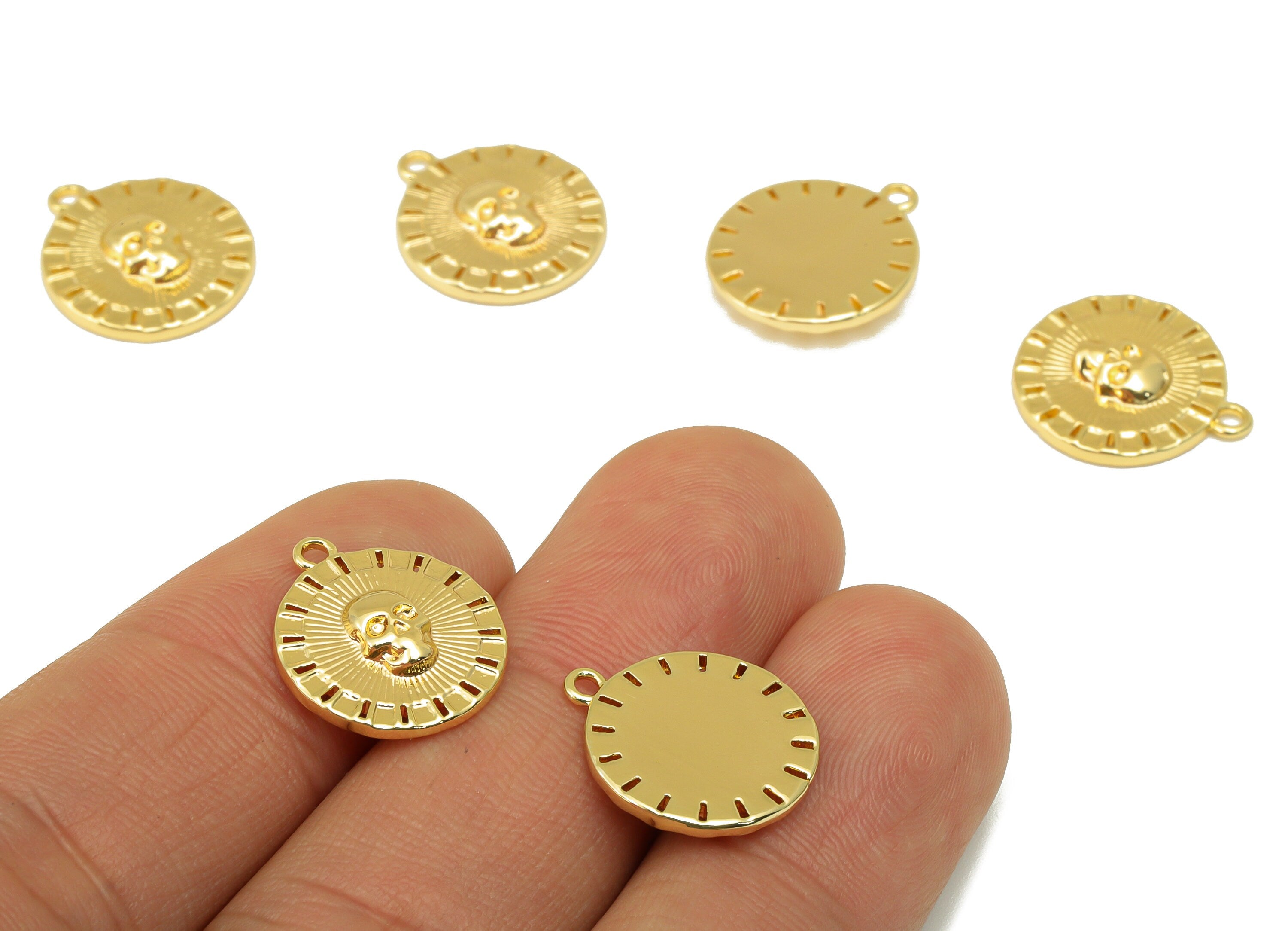 Brass Round Earring - Brass Skull Charm - Textured Circle Pendant - For Necklace - 18K Real Gold Plated - 16.37x14.25x 2.82mm- RGP6386 - DOMEDBAZAAR
