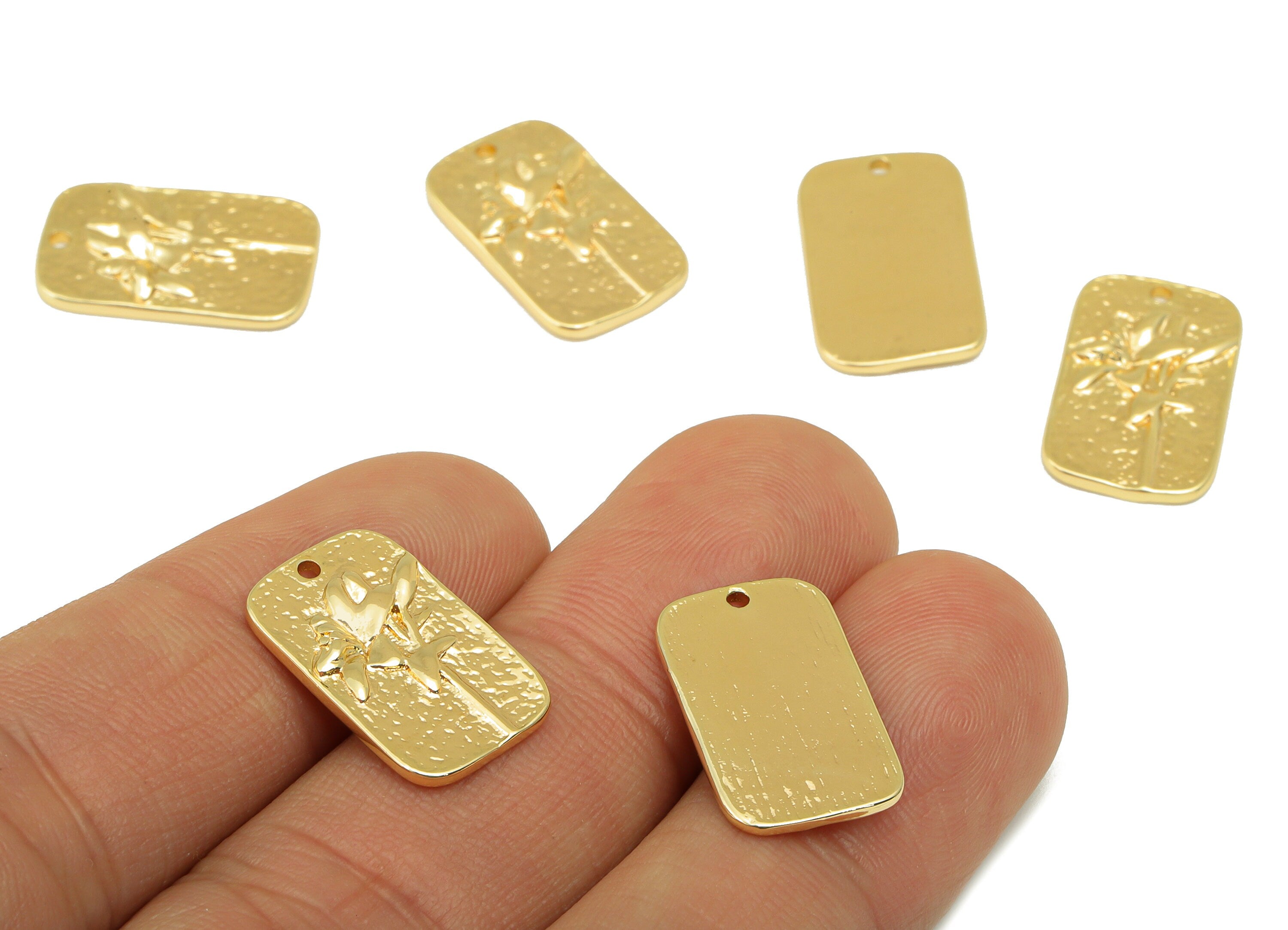 Brass Oval Rectangle Earring - Brass lily Charm - Hammered Flower Pendant -For Necklace - 18k Real Gold Plated-18.38x 11.32x1.89mm - RGP6388 - DOMEDBAZAAR