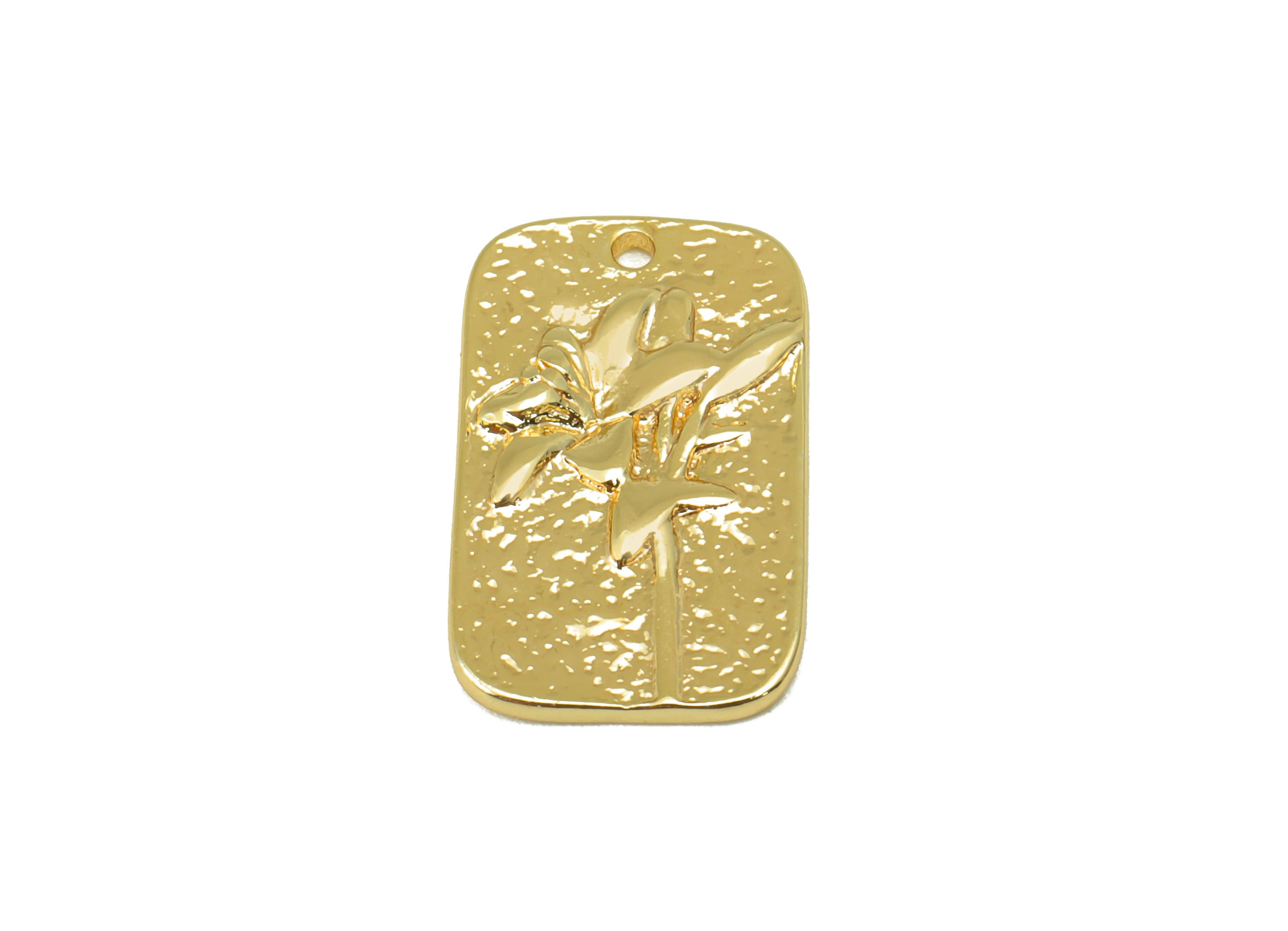 Brass Oval Rectangle Earring - Brass lily Charm - Hammered Flower Pendant -For Necklace - 18k Real Gold Plated-18.38x 11.32x1.89mm - RGP6388 - DOMEDBAZAAR