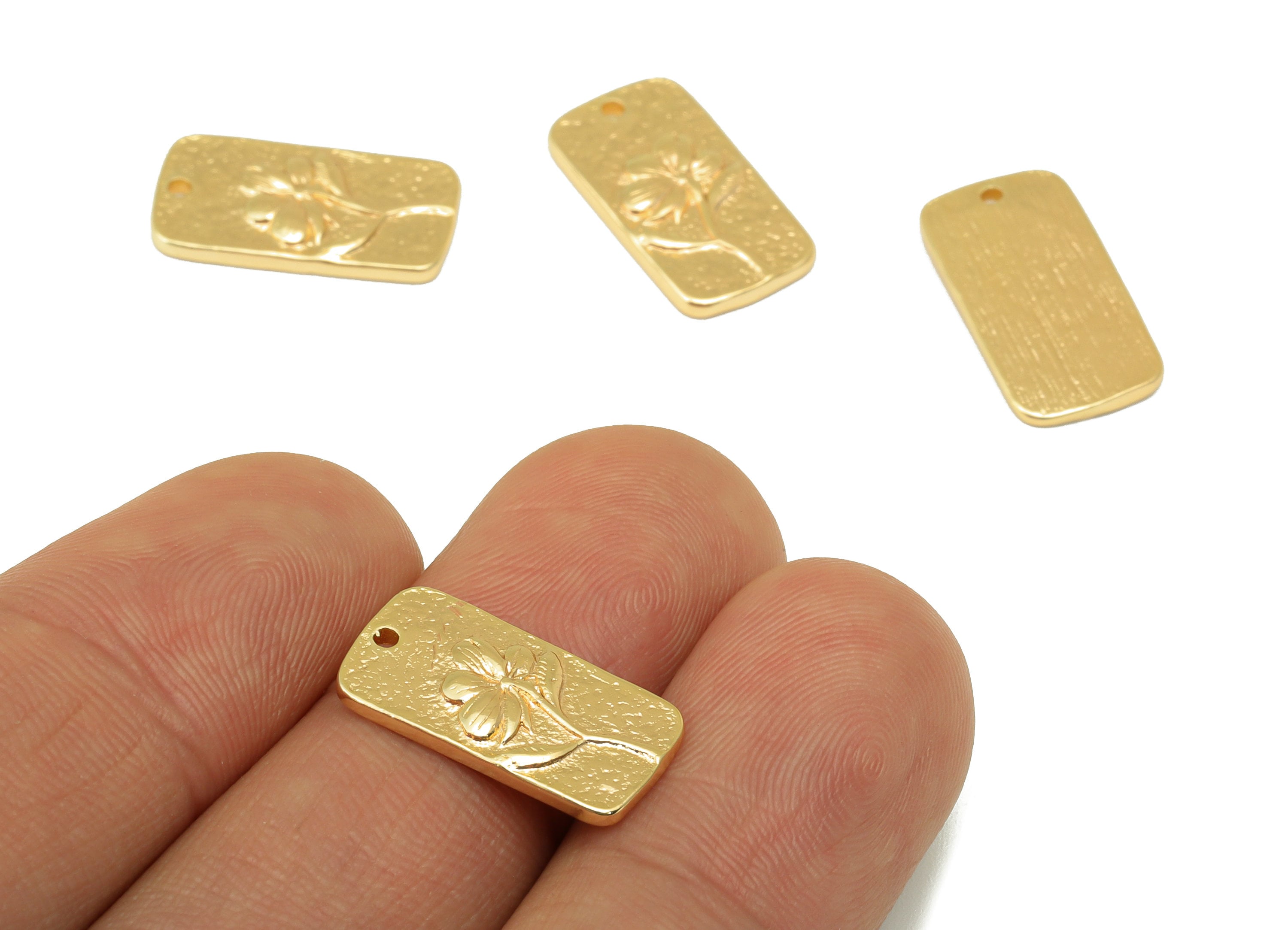 Brass Oval Rectangle Earring - Brass Periwinkle Charm -Hammered Flower Pendant - For Necklace -18k Real Gold Plated- 18x 9x1.83mm - RGP6389 - DOMEDBAZAAR