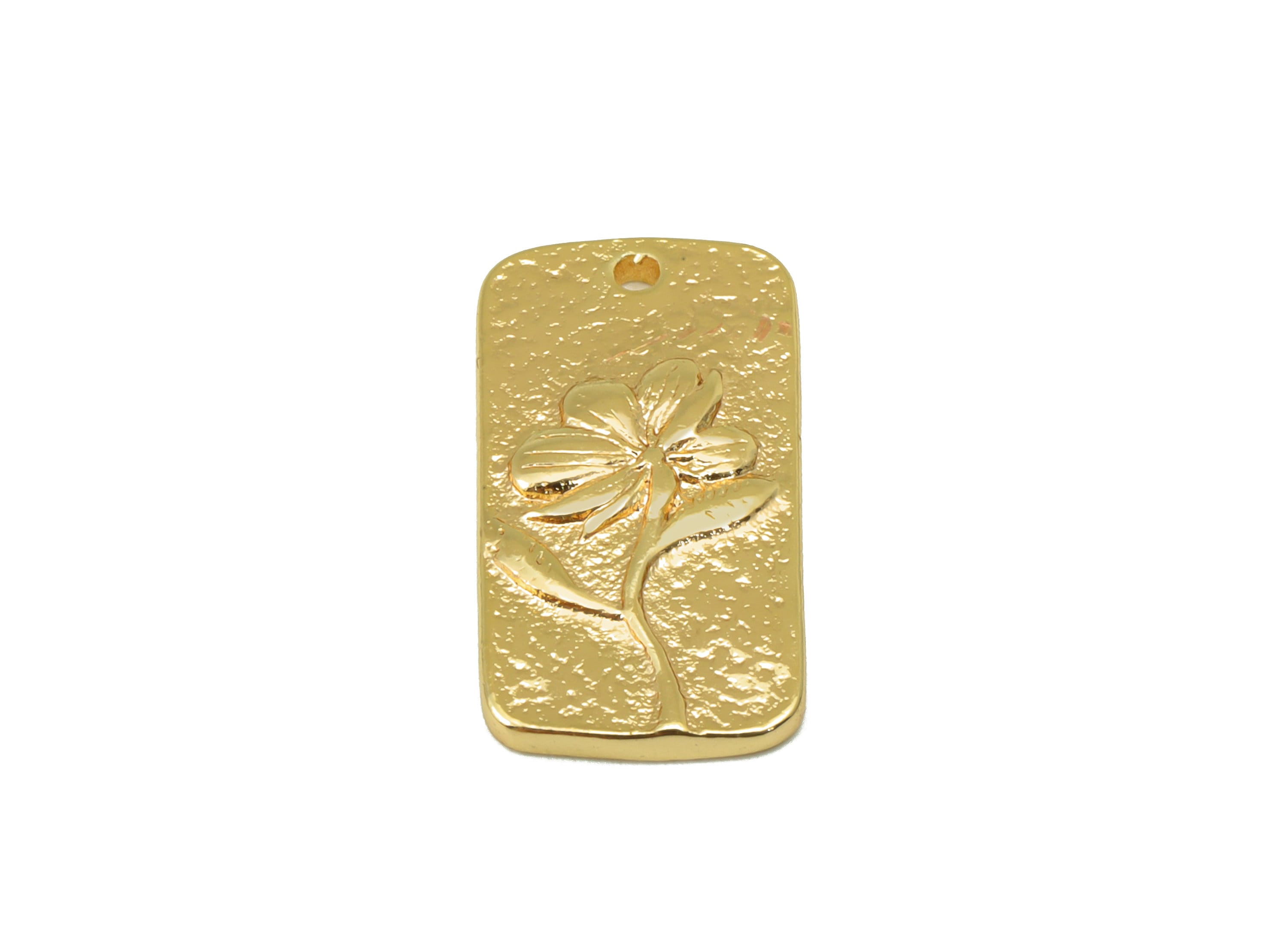 Brass Oval Rectangle Earring - Brass Periwinkle Charm -Hammered Flower Pendant - For Necklace -18k Real Gold Plated- 18x 9x1.83mm - RGP6389 - DOMEDBAZAAR