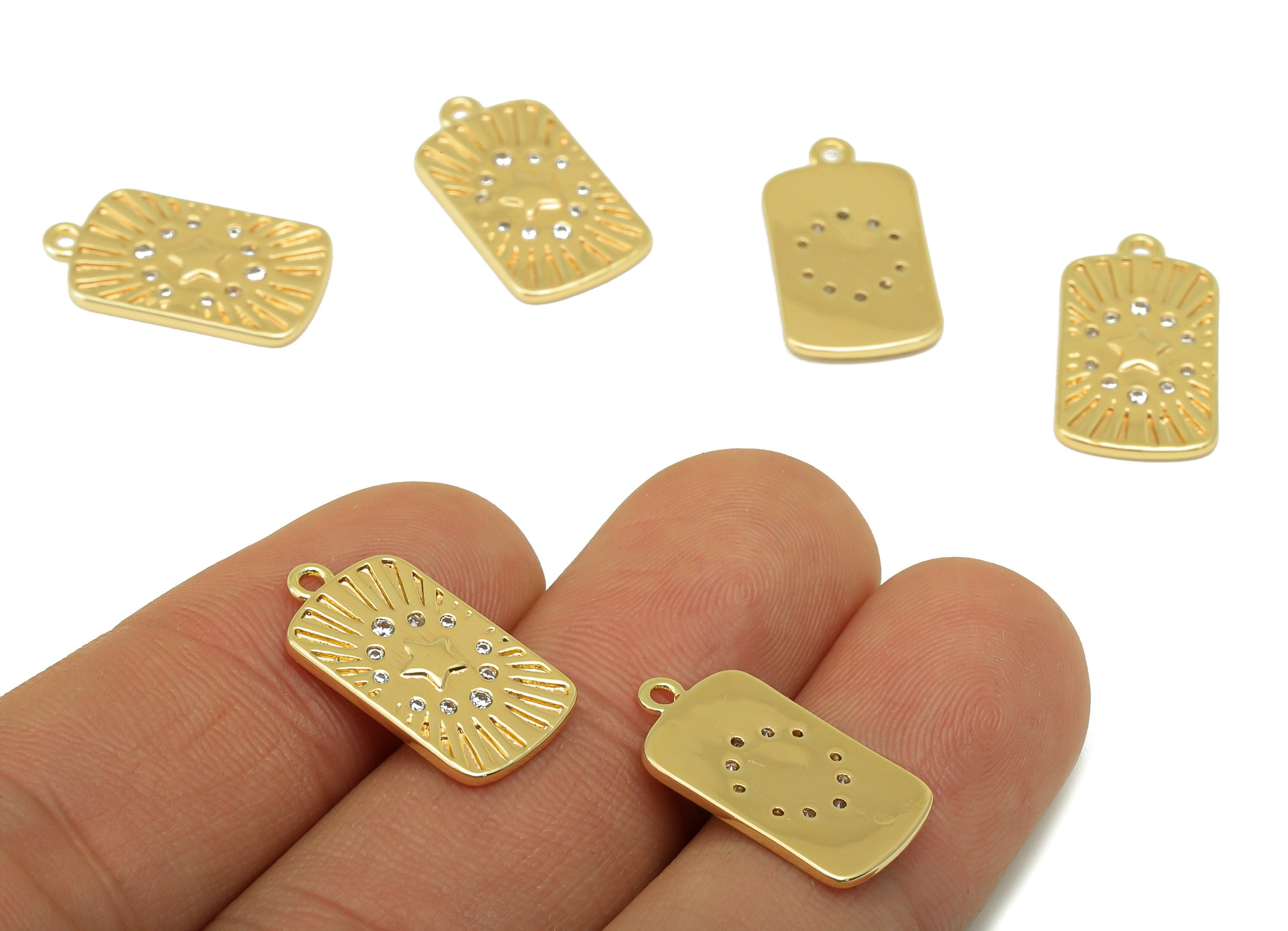 Brass Oval Rectangle Earring - Brass Cubic Zirconia Star Charm - Hammered CZ Pendant - For Necklace-18k Real Gold Plated-19x10x1mm - RGP6396 - DOMEDBAZAAR