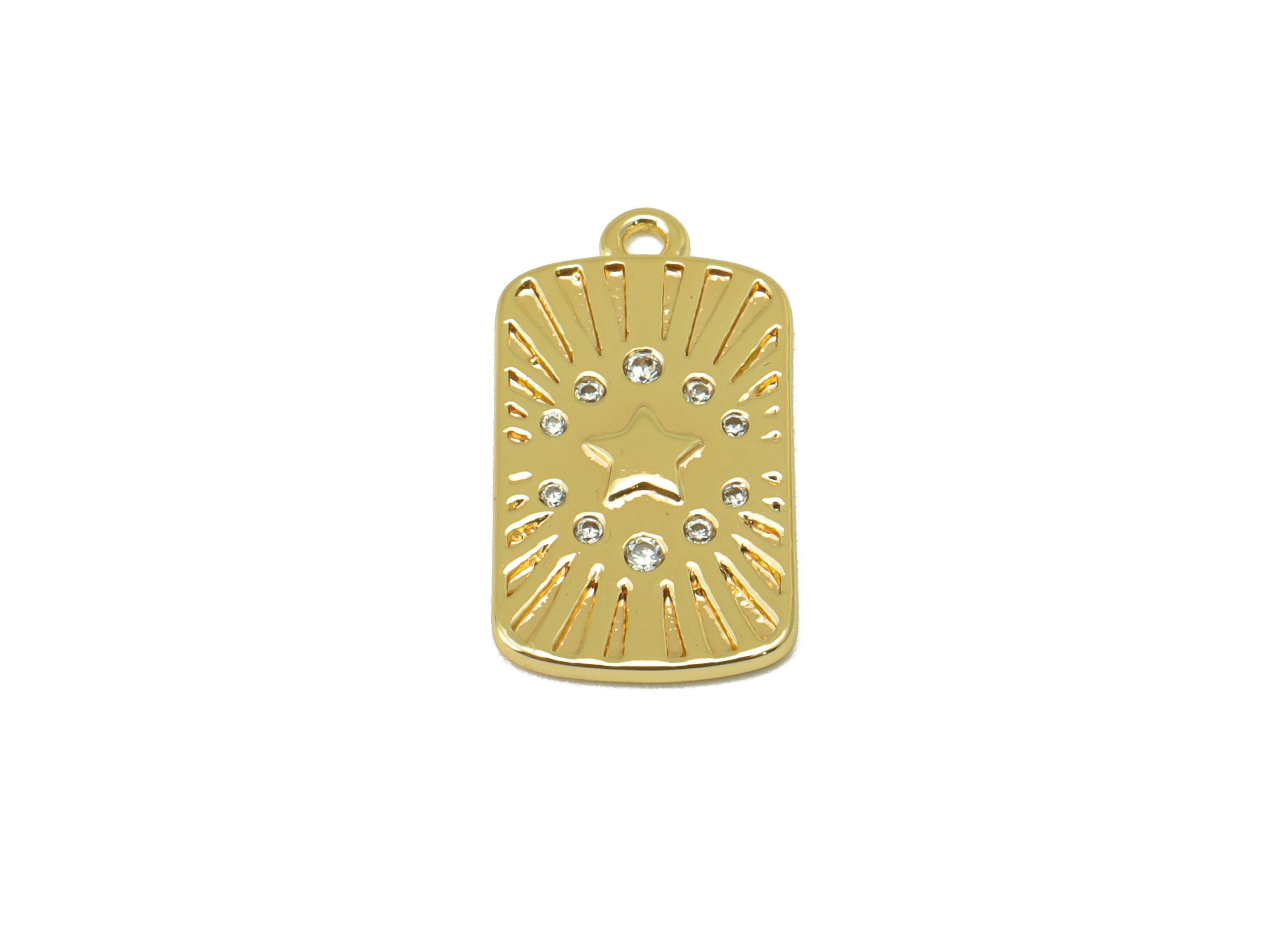 Brass Oval Rectangle Earring - Brass Cubic Zirconia Star Charm - Hammered CZ Pendant - For Necklace-18k Real Gold Plated-19x10x1mm - RGP6396 - DOMEDBAZAAR