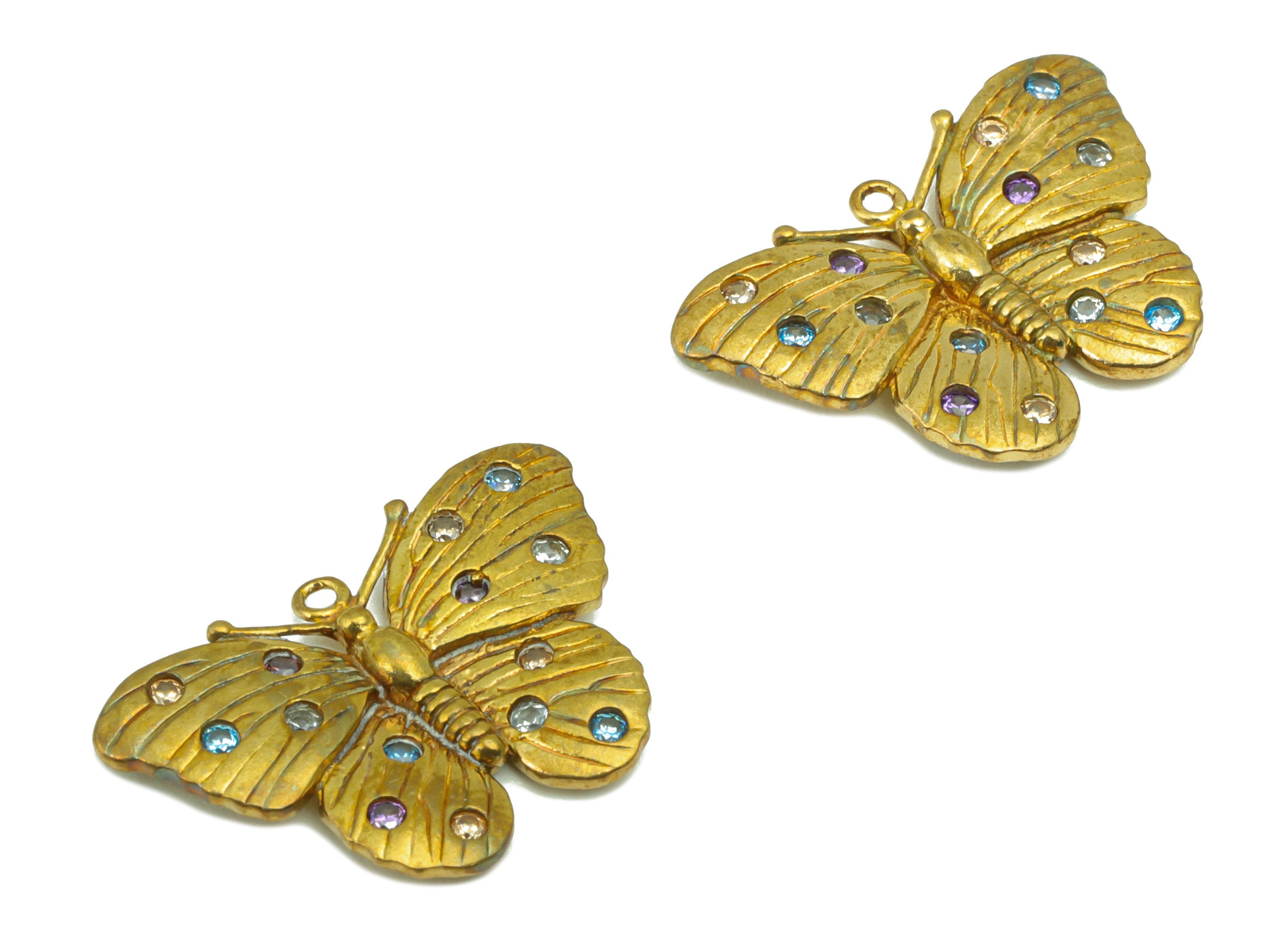 Brass Butterfly Earring Charm -Brass Textured -Cubic Zirconia-Rainbow CZ Butterfly Pendant-Animal Pendant -22x14 x1.63mm-PP8454 - DOMEDBAZAAR