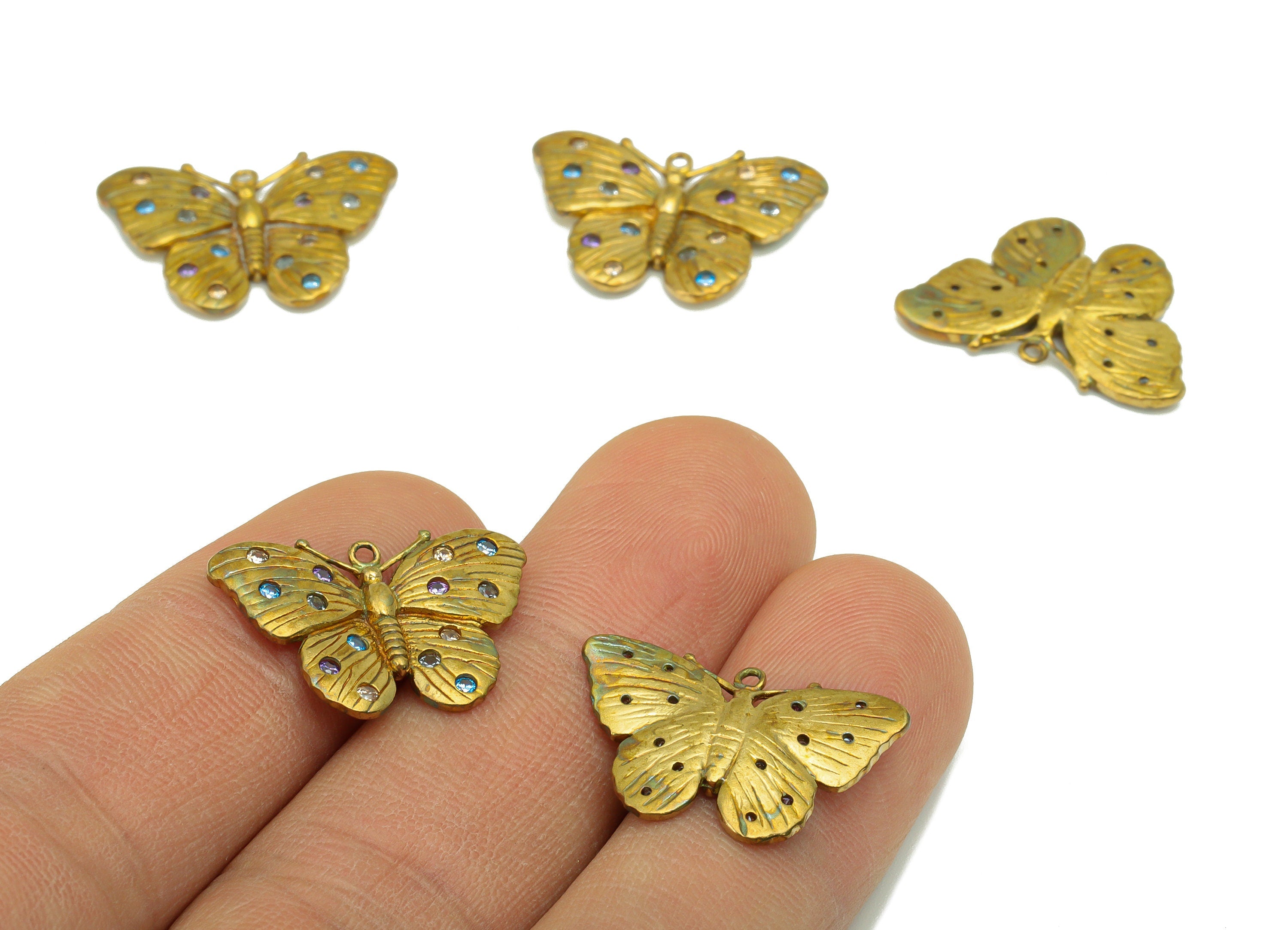 Brass Butterfly Earring Charm -Brass Textured -Cubic Zirconia-Rainbow CZ Butterfly Pendant-Animal Pendant -22x14 x1.63mm-PP8454 - DOMEDBAZAAR