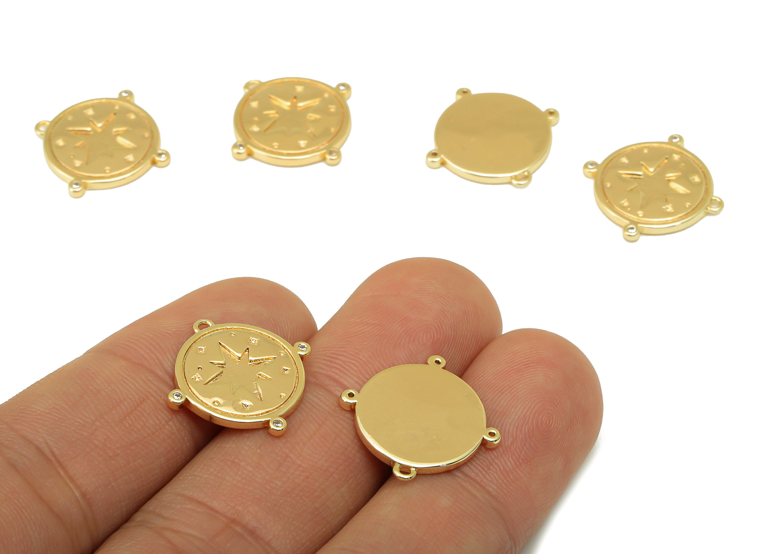 Brass Round Earring -Brass North Star Charm - Cubic Zirconia Pendant - CZ Space Charm -For Necklace -18k Real Gold Plated-18x18x2mm- RGP6399 - DOMEDBAZAAR