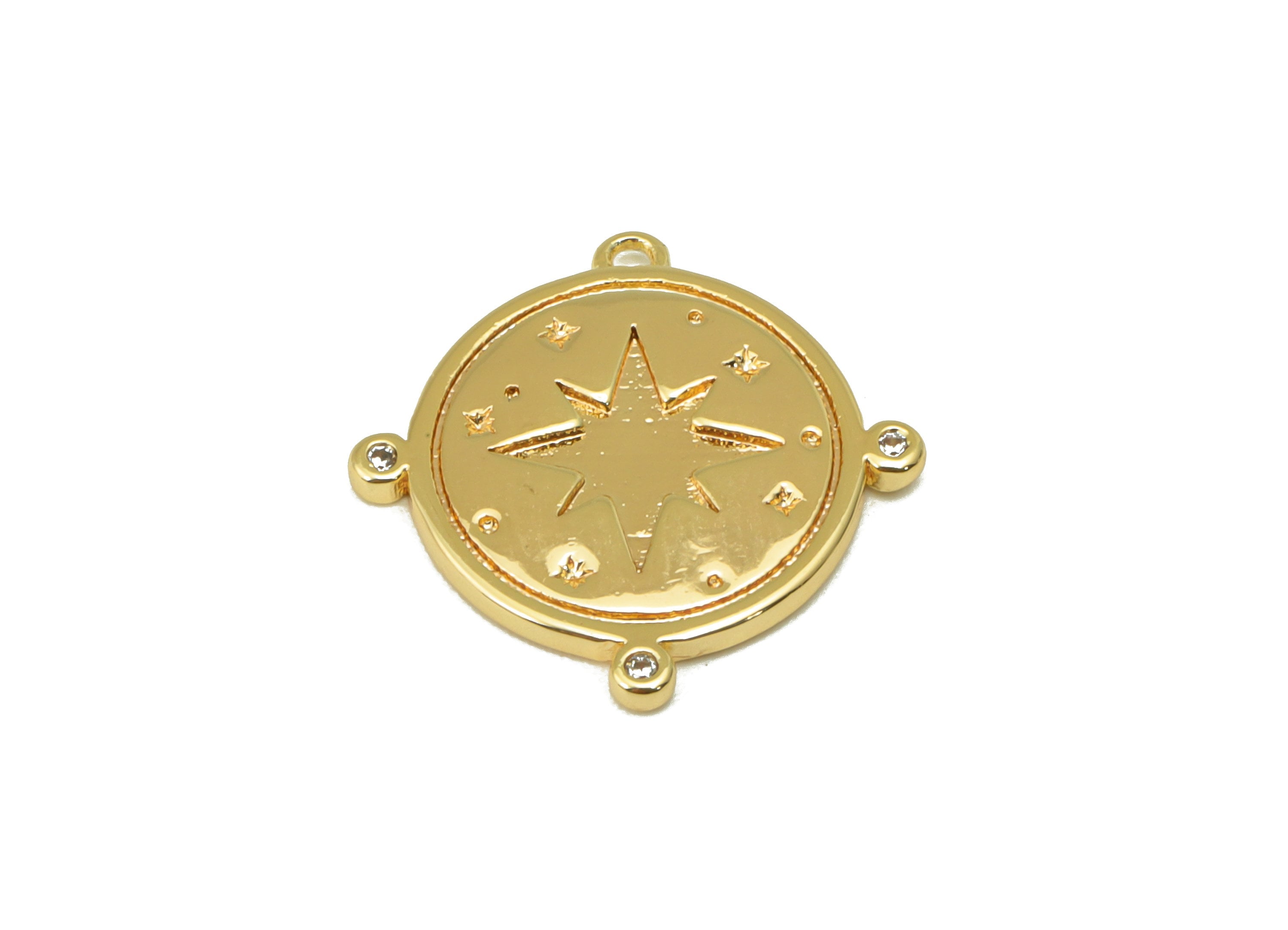 Brass Round Earring -Brass North Star Charm - Cubic Zirconia Pendant - CZ Space Charm -For Necklace -18k Real Gold Plated-18x18x2mm- RGP6399 - DOMEDBAZAAR