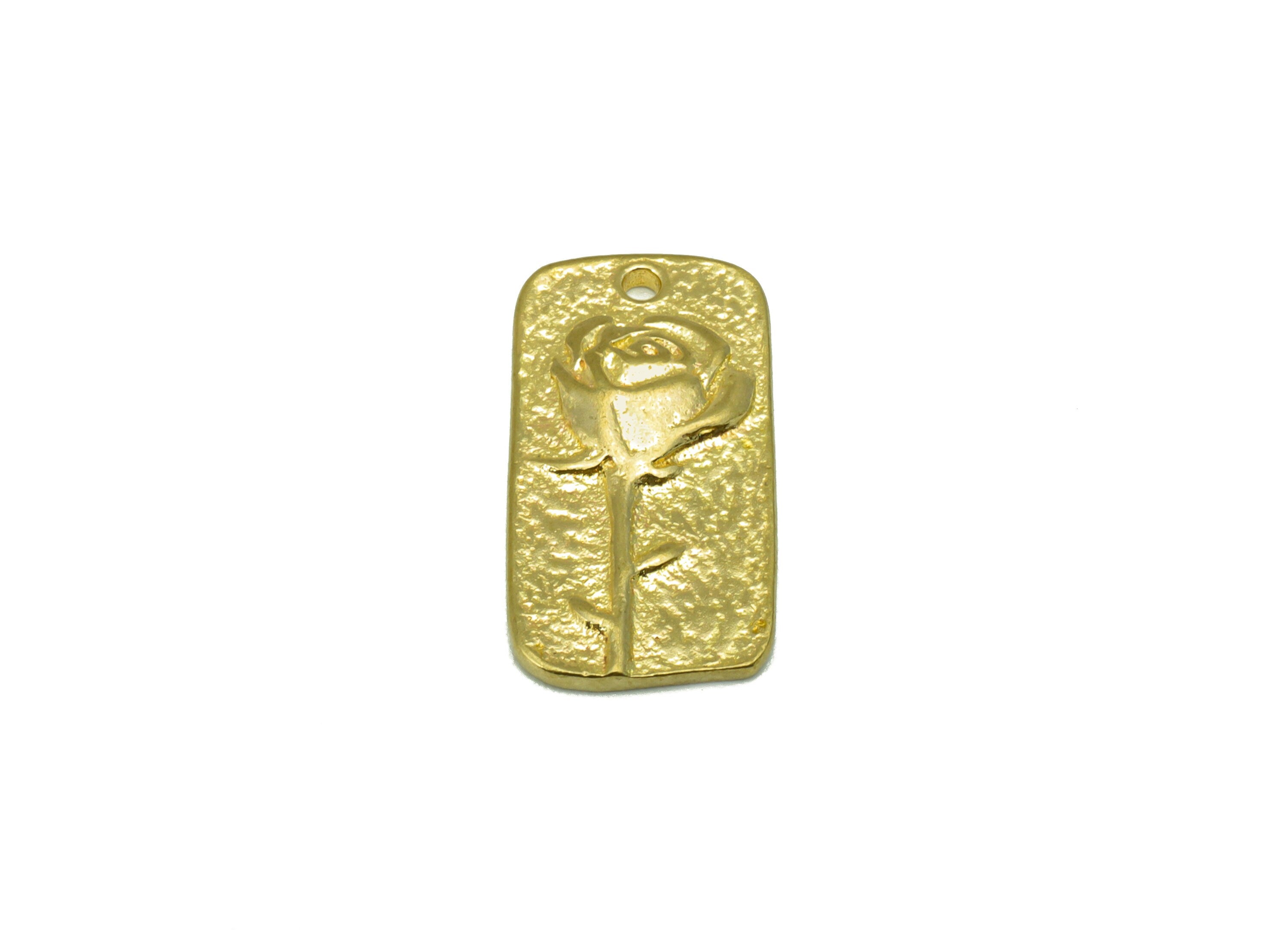 Brass Oval Rectangle Charm-Raw Brass Hammered -Botanical Charm-Flower Charm-Rose Pendant -Earring Charm -Jewelry Supplies - PP8437 - DOMEDBAZAAR