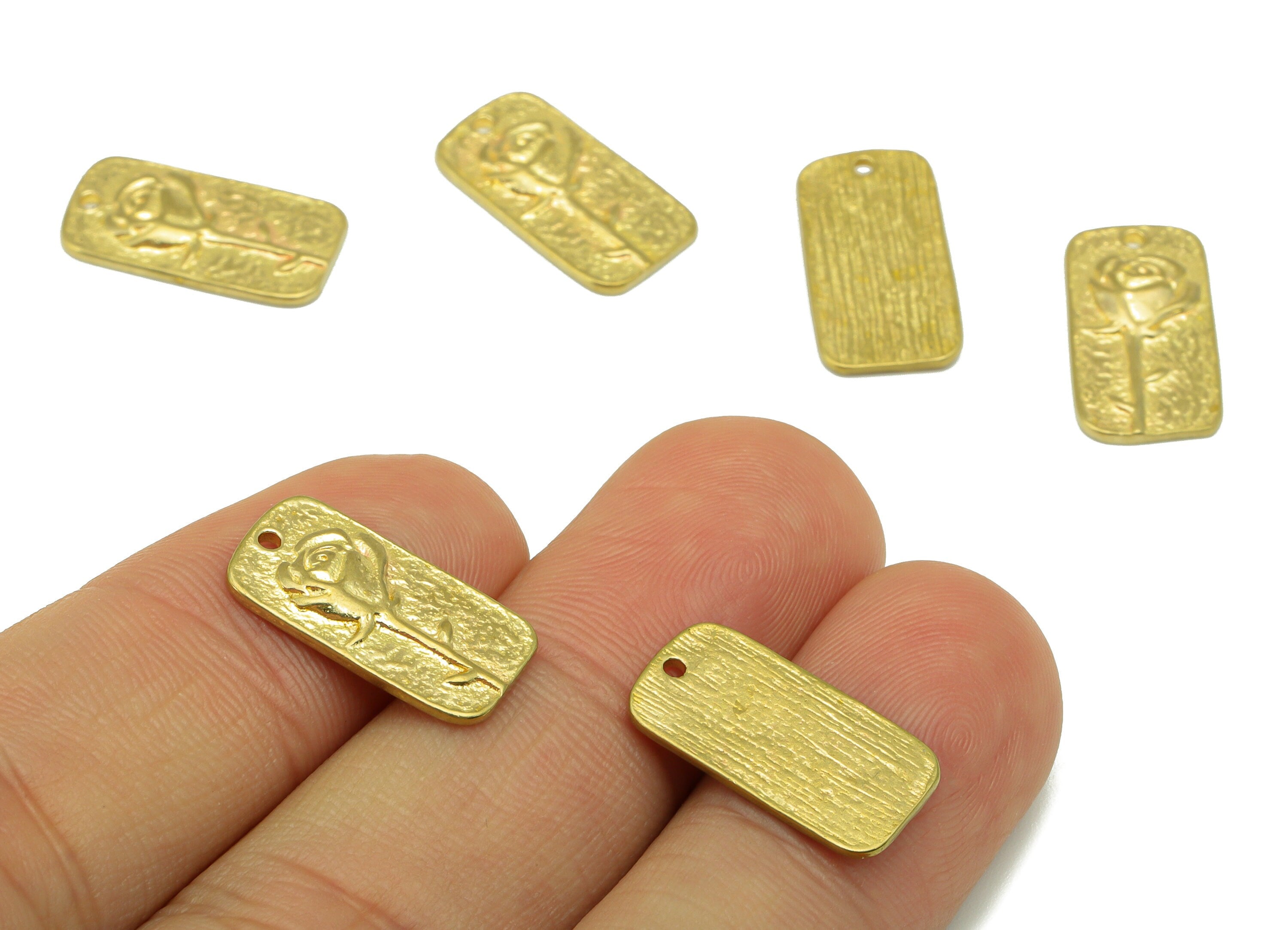 Brass Oval Rectangle Charm-Raw Brass Hammered -Botanical Charm-Flower Charm-Rose Pendant -Earring Charm -Jewelry Supplies - PP8437 - DOMEDBAZAAR