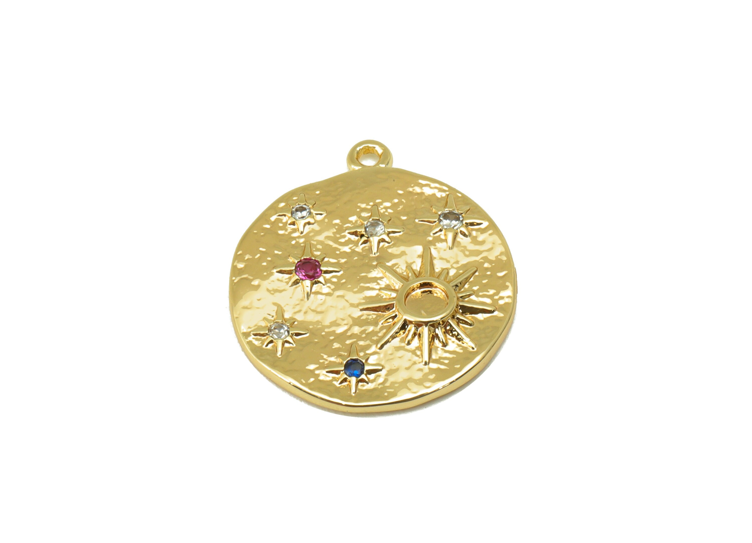 Brass Round Earring - Hammered North Star Pendant - Cubic Zirconia Sun - Sky Charm - For Necklace - 18k Real Gold Plated- 18x16x2mm- RGP6401 - DOMEDBAZAAR