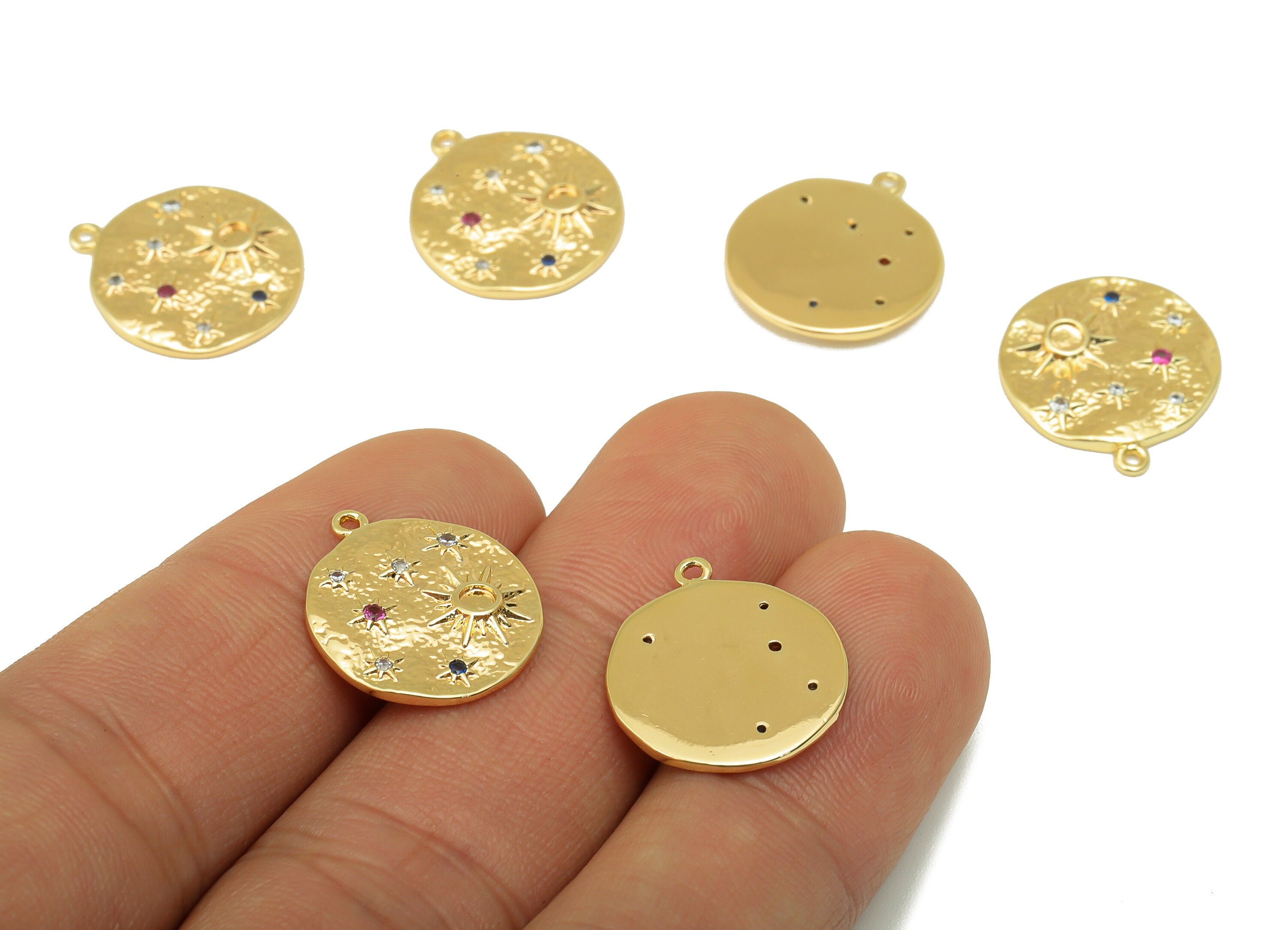 Brass Round Earring - Hammered North Star Pendant - Cubic Zirconia Sun - Sky Charm - For Necklace - 18k Real Gold Plated- 18x16x2mm- RGP6401 - DOMEDBAZAAR