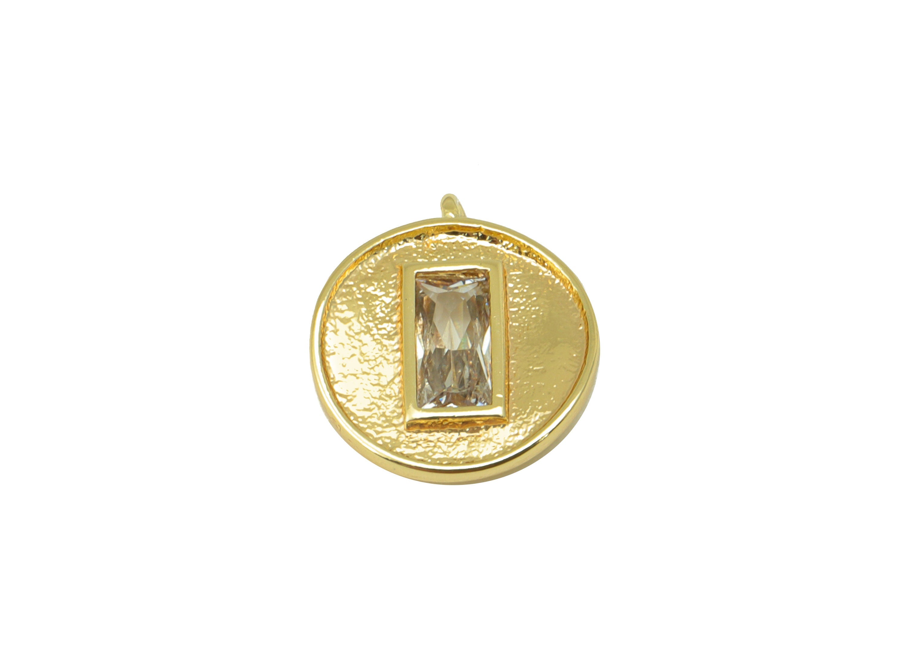 Brass Bent Round Earring - Textured Emerald Charm - Cubic Zirconia Mini Pendant - For Necklace - 18k Real Gold Plated - 13x11x2mm- RGP6402 - DOMEDBAZAAR