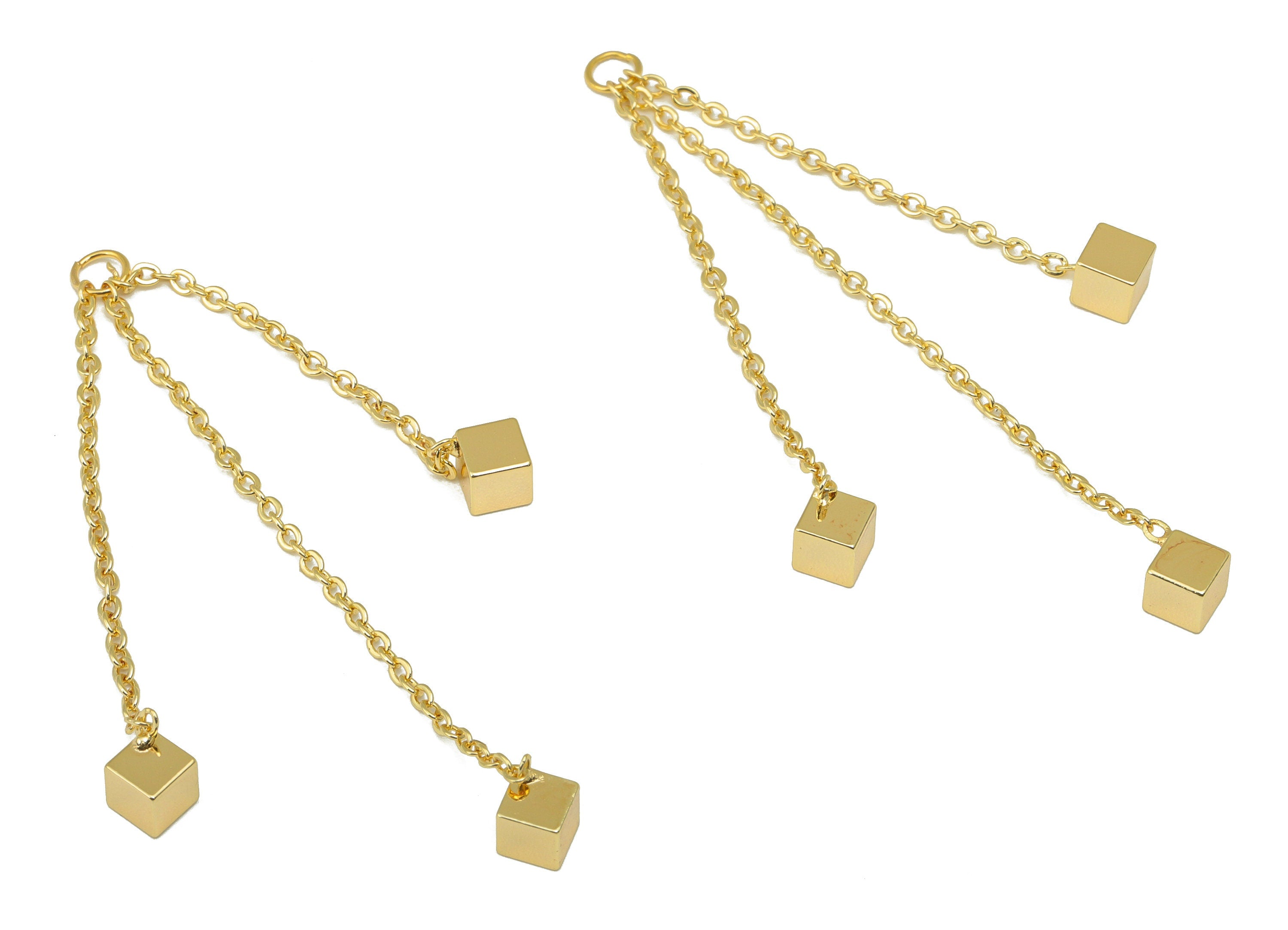 Brass Chain Tassel Charm - Gold Curb Chain Earring With Cube - Brass Tassel Earring Charm - 18k Real Gold Plated - 61x 4 x 0.95mm- RGP6425 - DOMEDBAZAAR