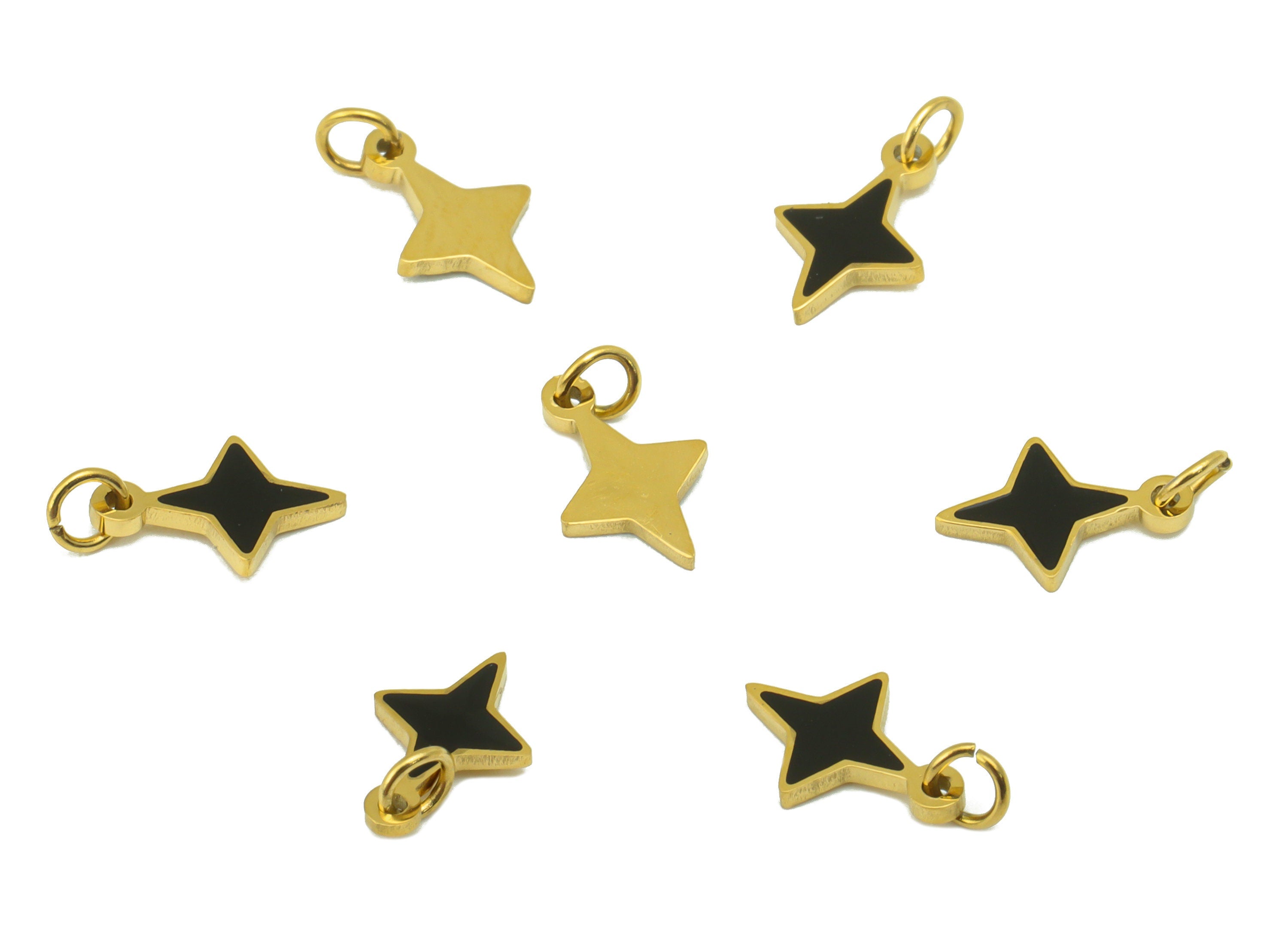 Stainless Steel Star Earring Charm - Black Enamel Pendant - For Necklace - Star Bracelet Charm - 18k Real Gold Plated - 11x6x 0.8mm- RGP6429 - DOMEDBAZAAR