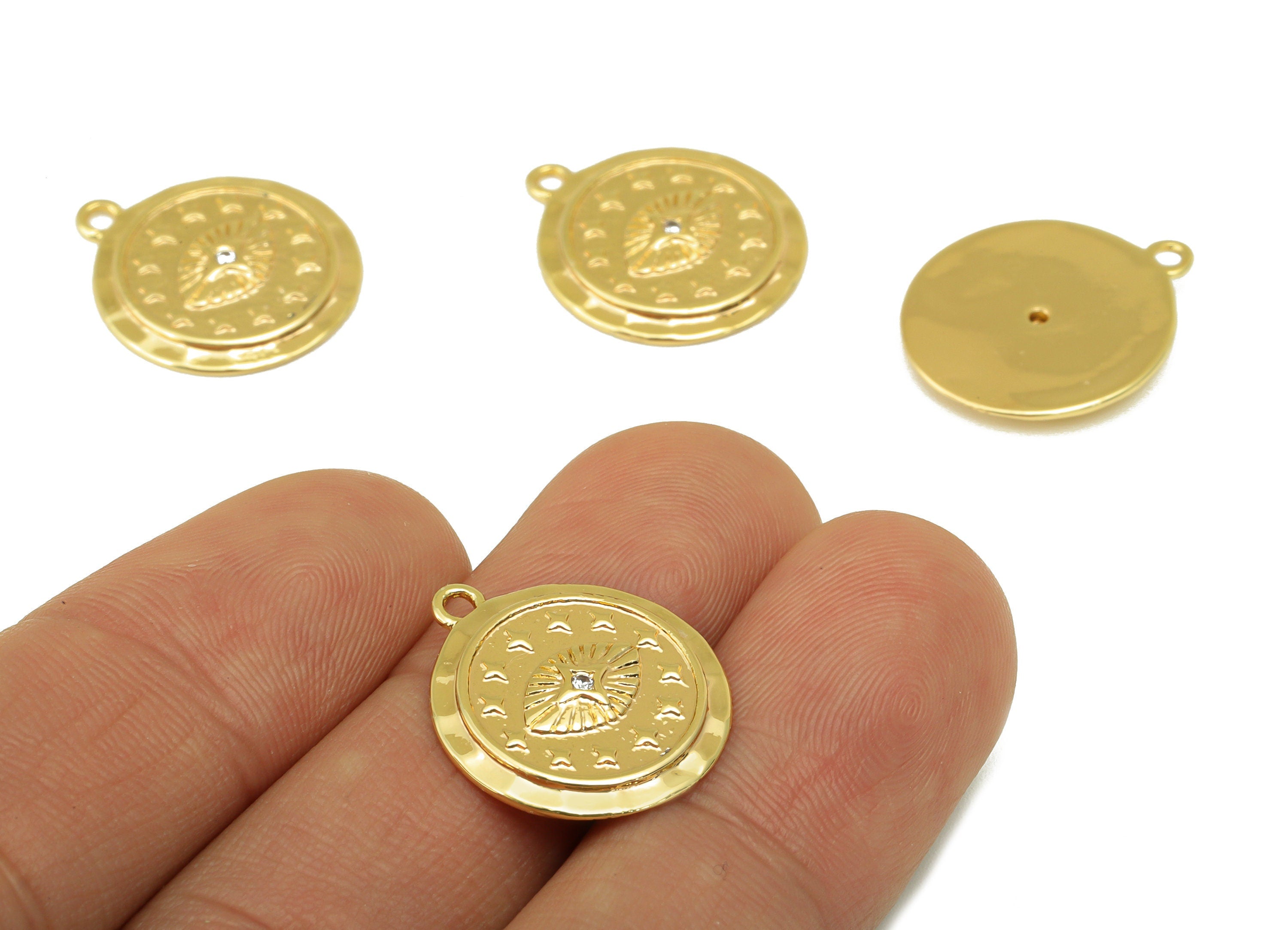Brass Round Earring - Brass Cubic Zirconia Eye Charm - CZ Hammered Star Pendant - For Necklace -18k Real Gold Plated -20x17x2.15mm - RGP6452 - DOMEDBAZAAR