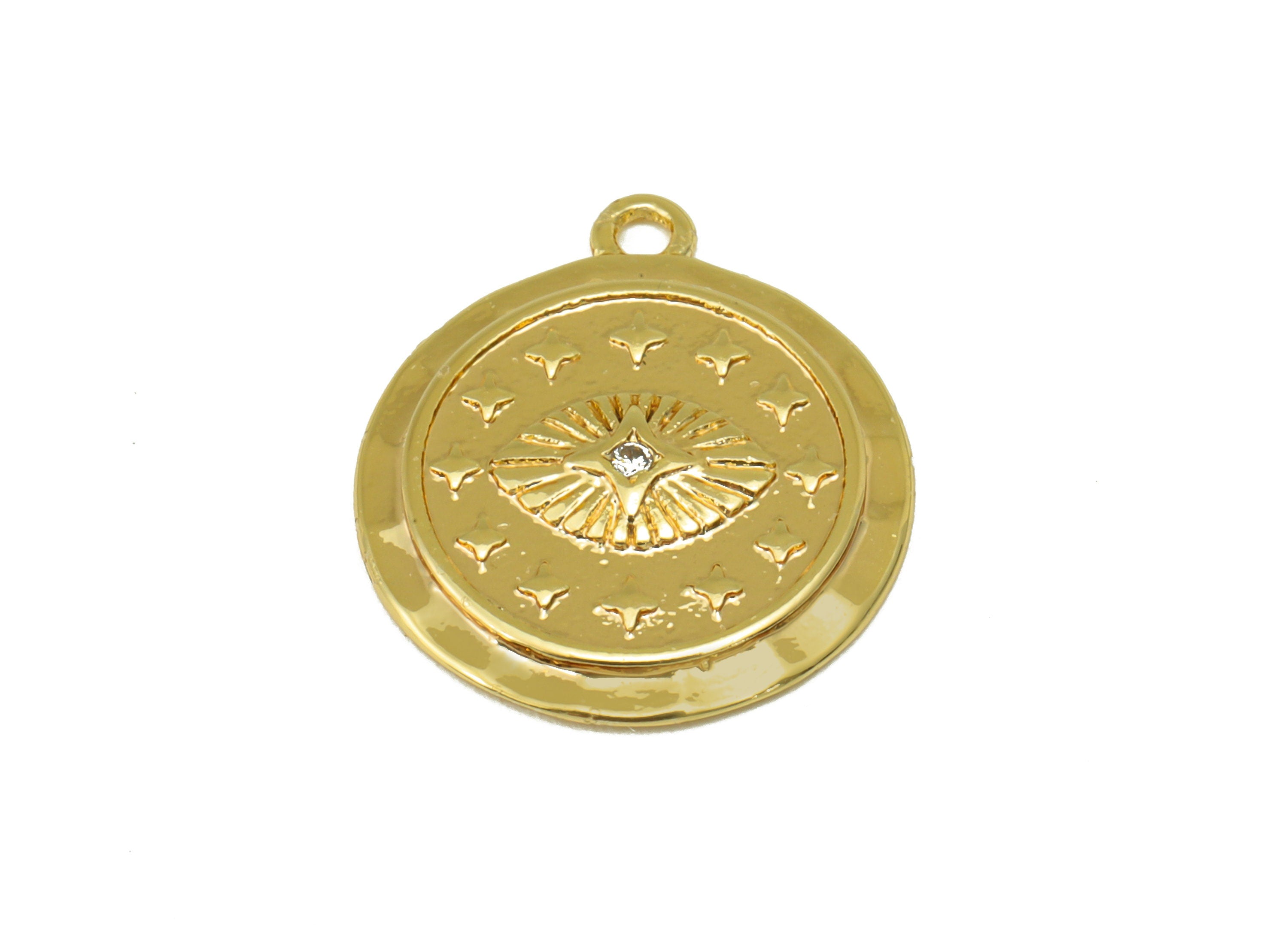 Brass Round Earring - Brass Cubic Zirconia Eye Charm - CZ Hammered Star Pendant - For Necklace -18k Real Gold Plated -20x17x2.15mm - RGP6452 - DOMEDBAZAAR