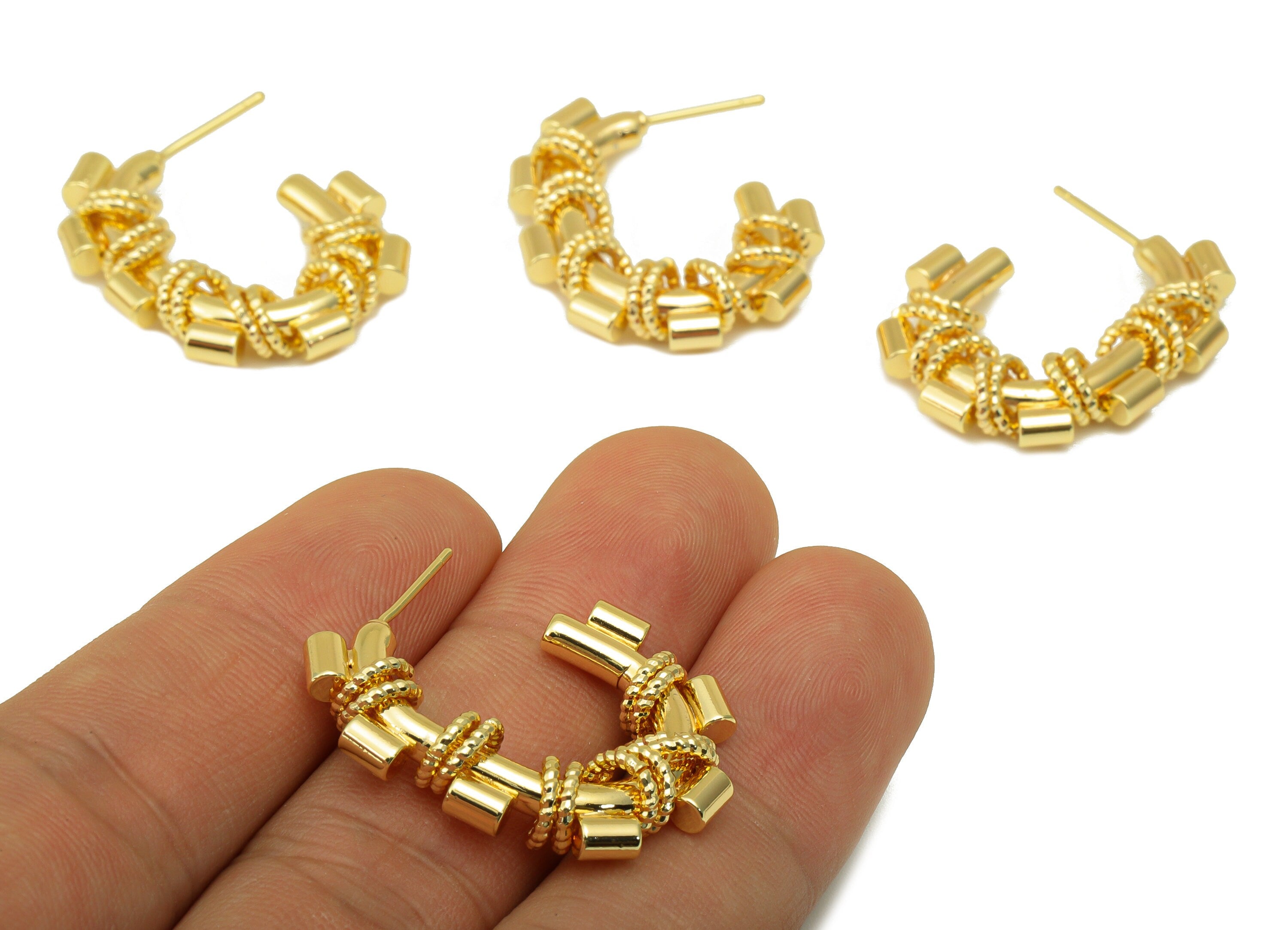 Brass Oval Rectangle Earring Stud - Cylinder Winding Chain Post - Beaded Hoop Earring - 18K Real Gold Plated - 31x24x5mm- RGP6252 - DOMEDBAZAAR