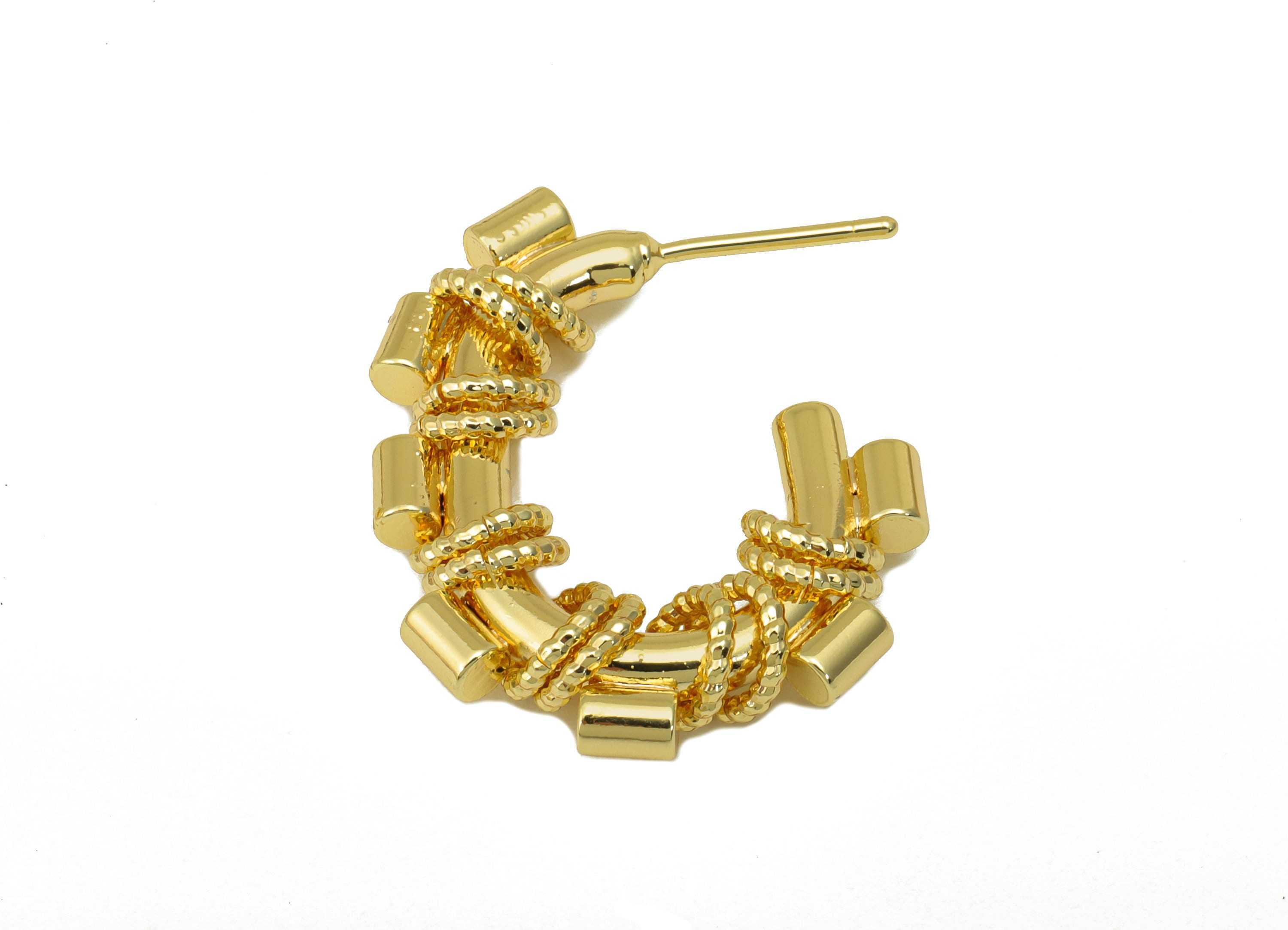 Brass Oval Rectangle Earring Stud - Cylinder Winding Chain Post - Beaded Hoop Earring - 18K Real Gold Plated - 31x24x5mm- RGP6252 - DOMEDBAZAAR
