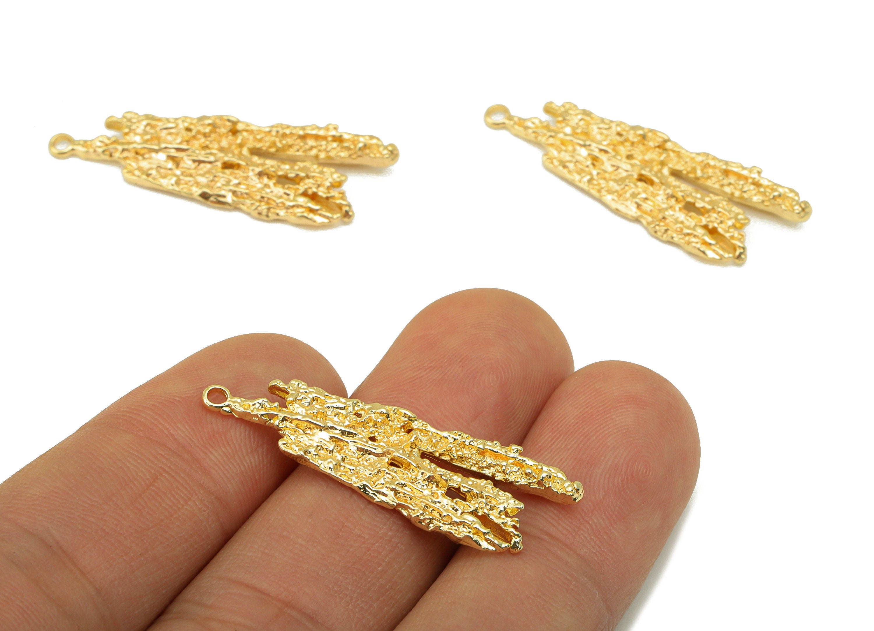 Brass Textured Earring - Brass Bark Charm - Brass Botanical Pendant - For Necklace - 18k Real Gold Plated - 35.95 x 12.3 x 3.53mm - RGP6455 - DOMEDBAZAAR