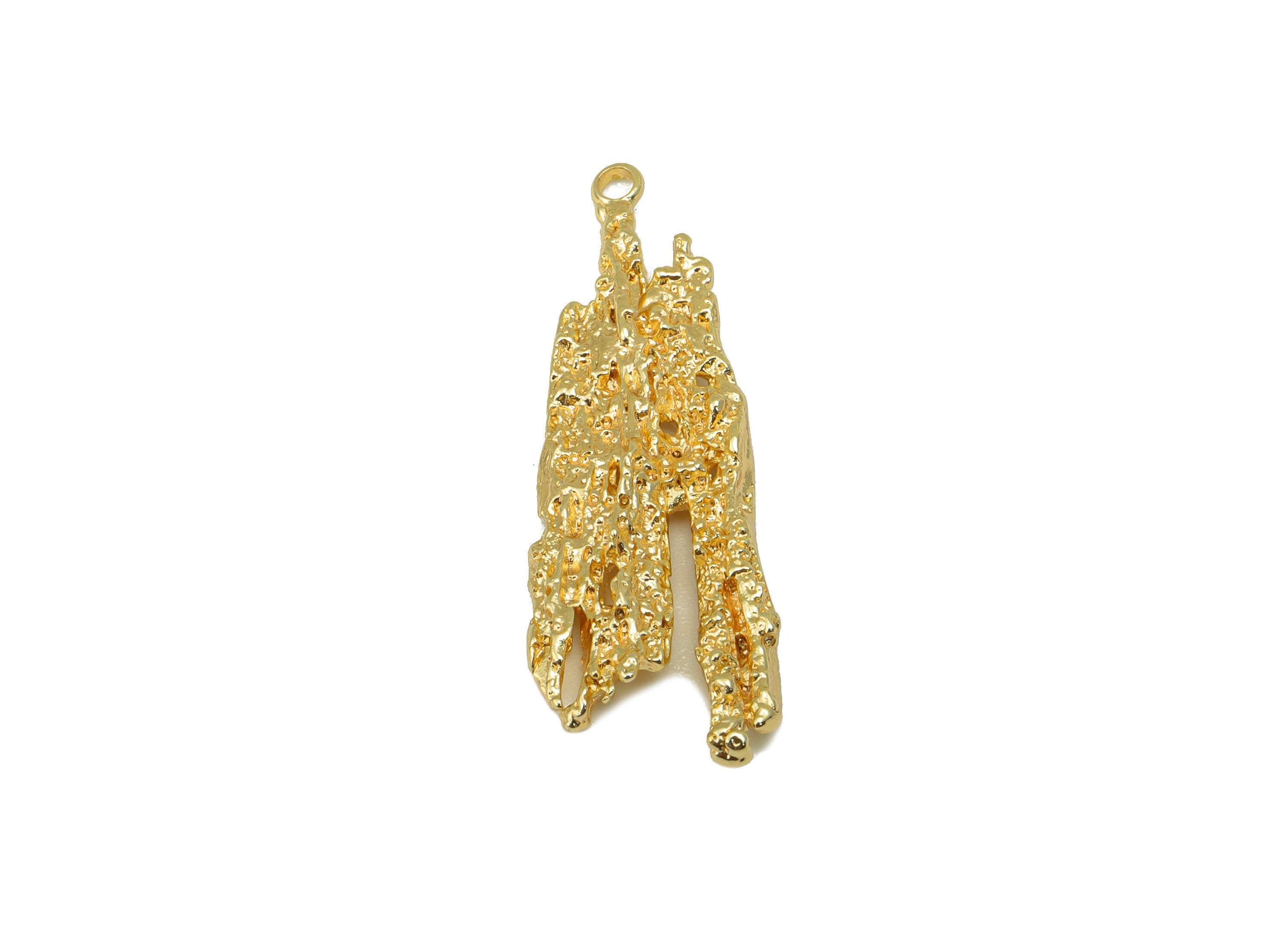 Brass Textured Earring - Brass Bark Charm - Brass Botanical Pendant - For Necklace - 18k Real Gold Plated - 35.95 x 12.3 x 3.53mm - RGP6455 - DOMEDBAZAAR