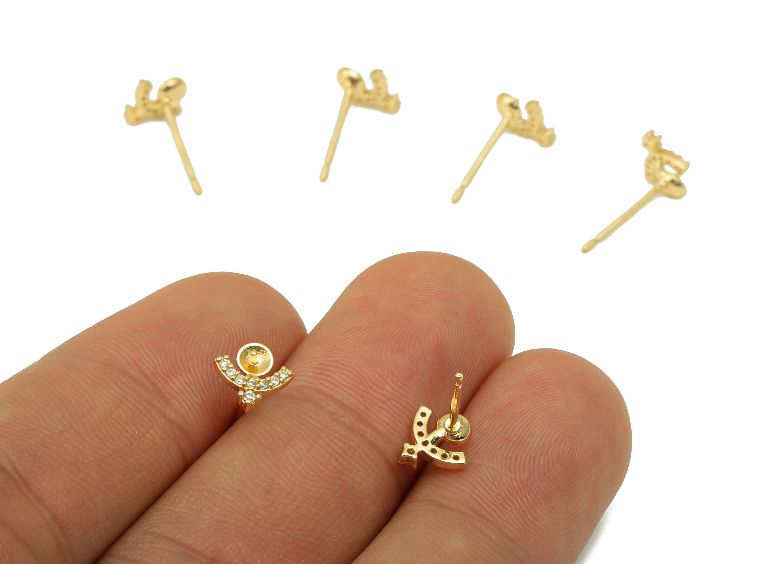 Brass Horoscopes Earring Stud - Cubic Zircon Taurus Earring Post - CZ Taurus Post For Pearl- 18K Real Gold Plated - 7.74x7x 1.68mm- RGP6261 - DOMEDBAZAAR