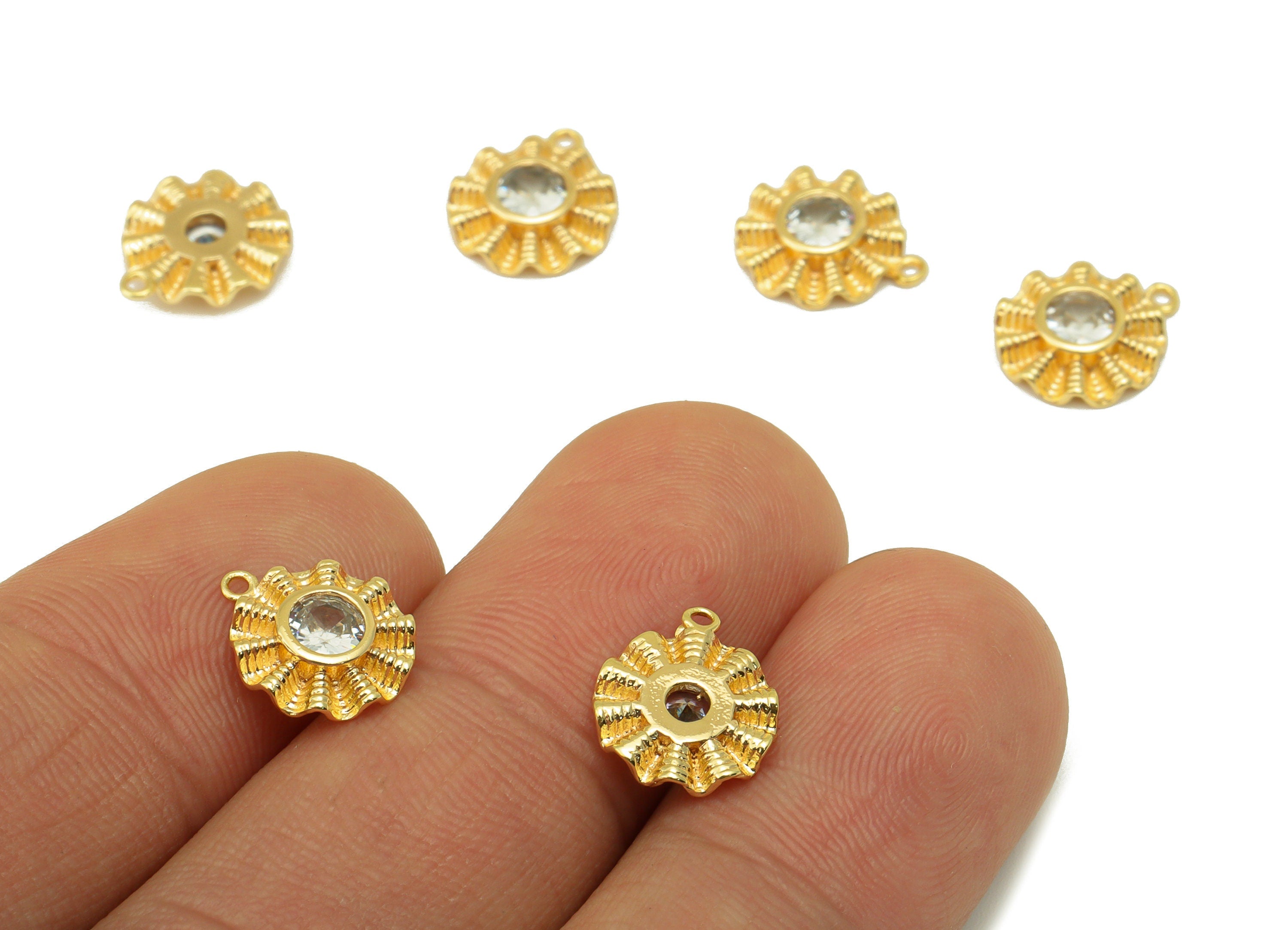 Brass Round Earring - Brass Cubic Zirconia Flower Charm - CZ Textured Mini Pendant - For Necklace -18k Real Gold Plated -12x10x3mm - RGP6457 - DOMEDBAZAAR