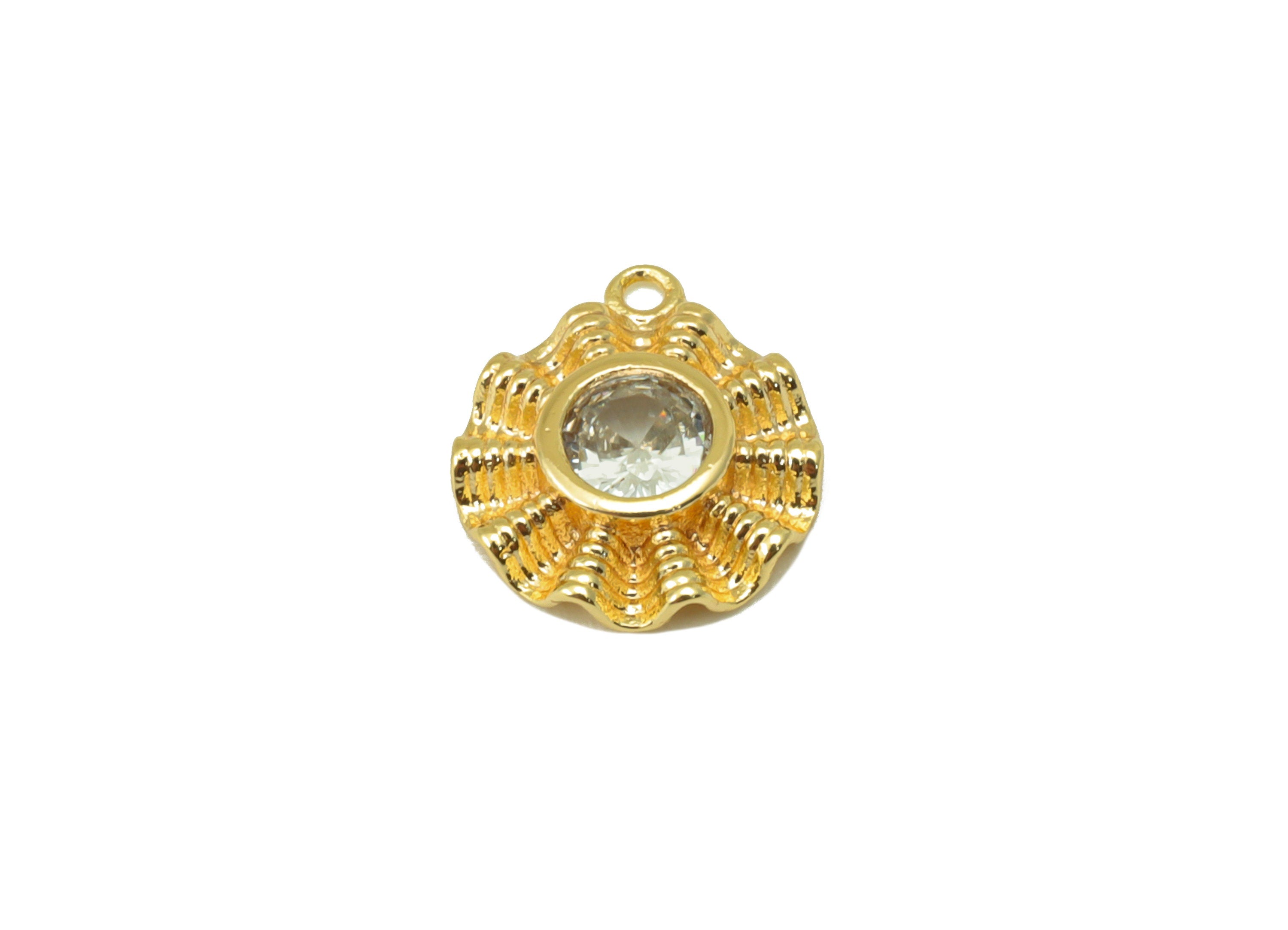 Brass Round Earring - Brass Cubic Zirconia Flower Charm - CZ Textured Mini Pendant - For Necklace -18k Real Gold Plated -12x10x3mm - RGP6457 - DOMEDBAZAAR