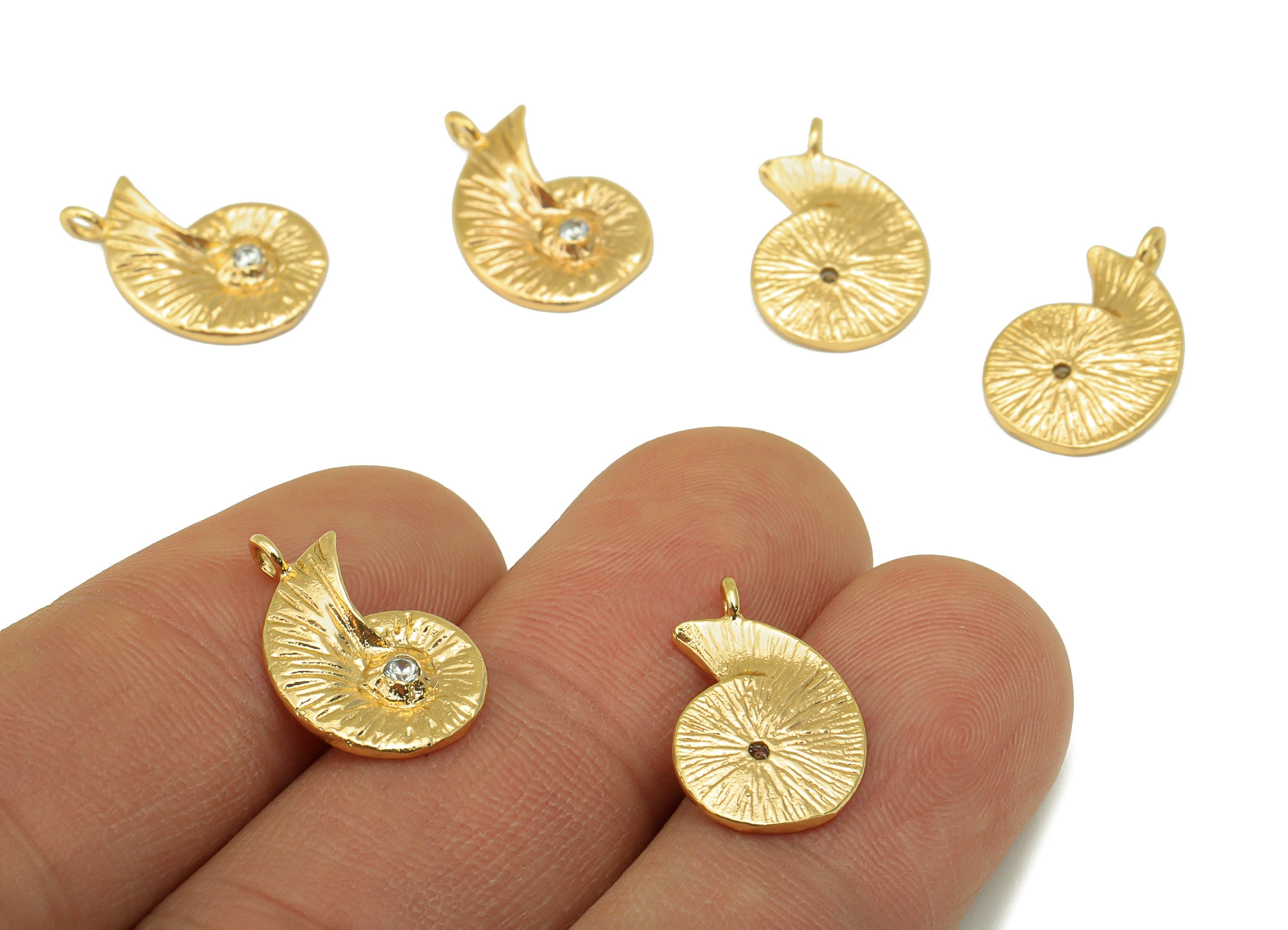 Brass Cochlea Earring - Brass Cubic Zirconia Charm - CZ Textured Pendant - For Necklace -18k Real Gold Plated -17.16x10.85x 1.43mm - RGP6460 - DOMEDBAZAAR