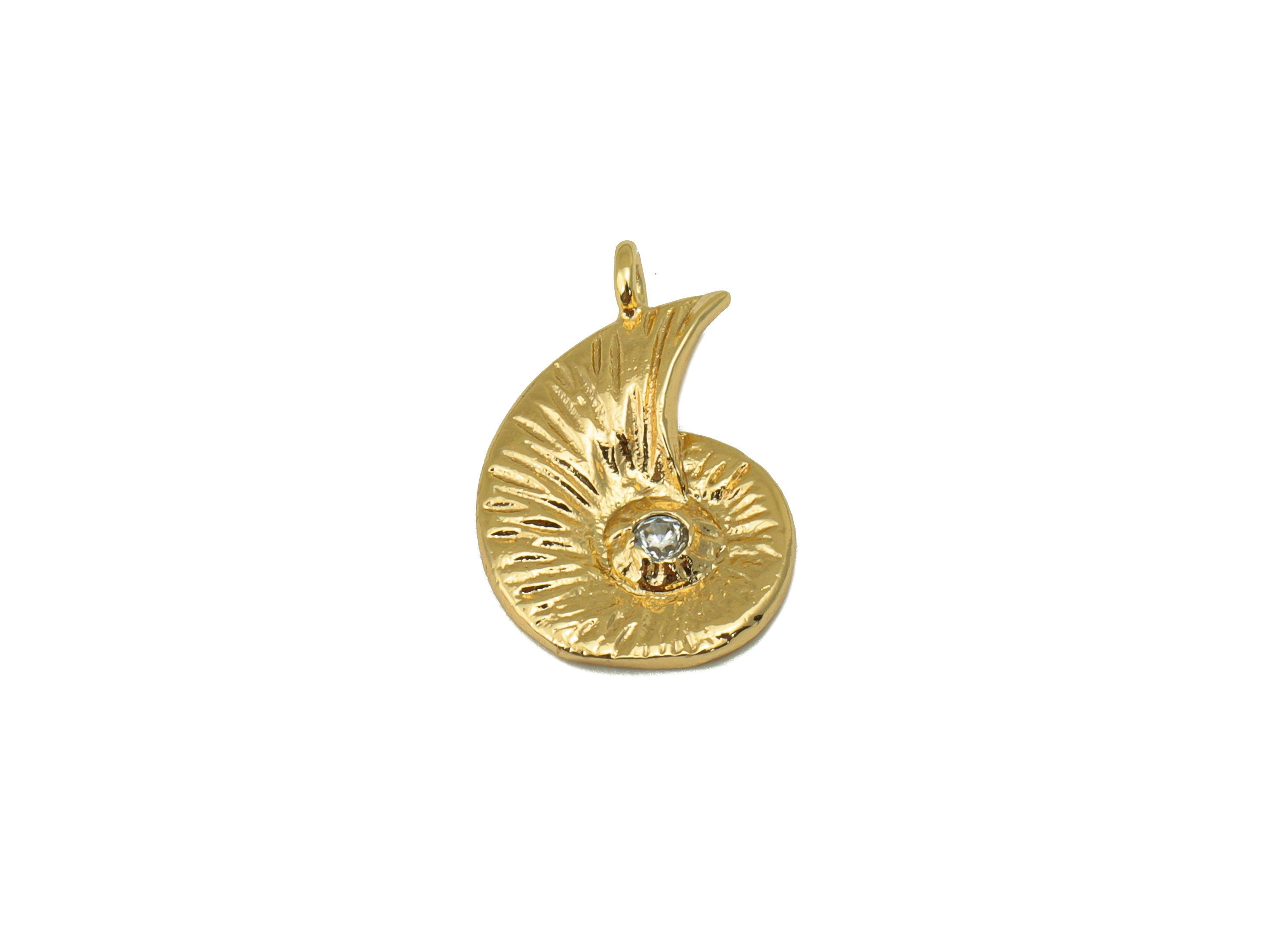 Brass Cochlea Earring - Brass Cubic Zirconia Charm - CZ Textured Pendant - For Necklace -18k Real Gold Plated -17.16x10.85x 1.43mm - RGP6460 - DOMEDBAZAAR