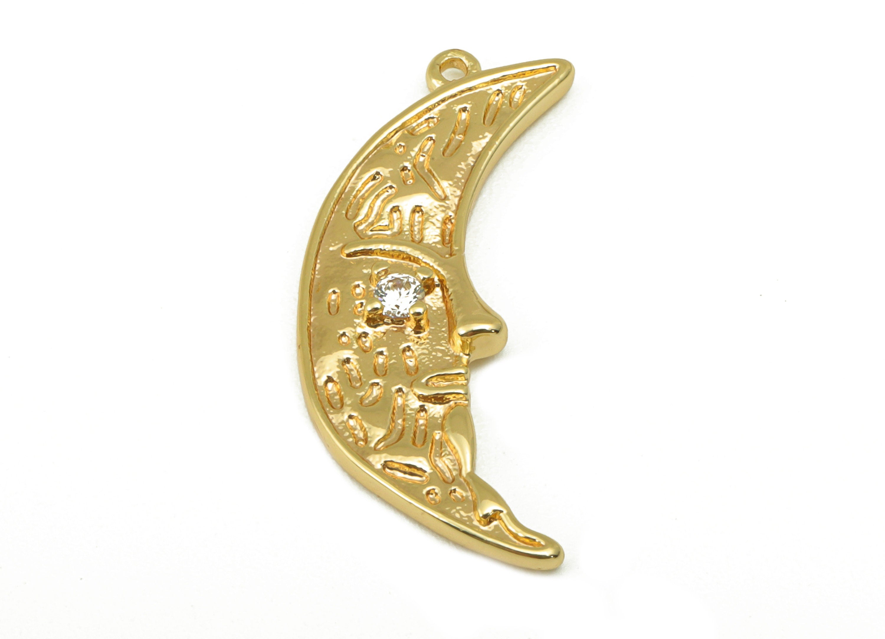 Brass Crescent Earring - Brass Cubic Zirconia Moon Face Charm - CZ Textured Pendant -For Necklace -18k Real Gold Plated -27x12x3mm - RGP6464 - DOMEDBAZAAR