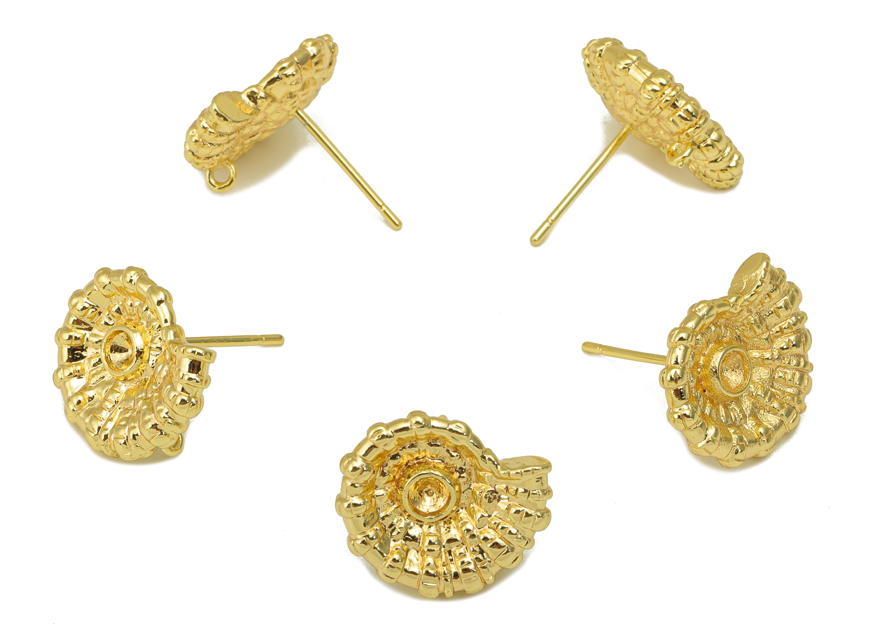 Brass Snail Earring Stud - Textured Snail Earring Post - Marine Post For Pearl- 18K Real Gold Plated -15.15x12.88x3.14mm- RGP6202 - DOMEDBAZAAR