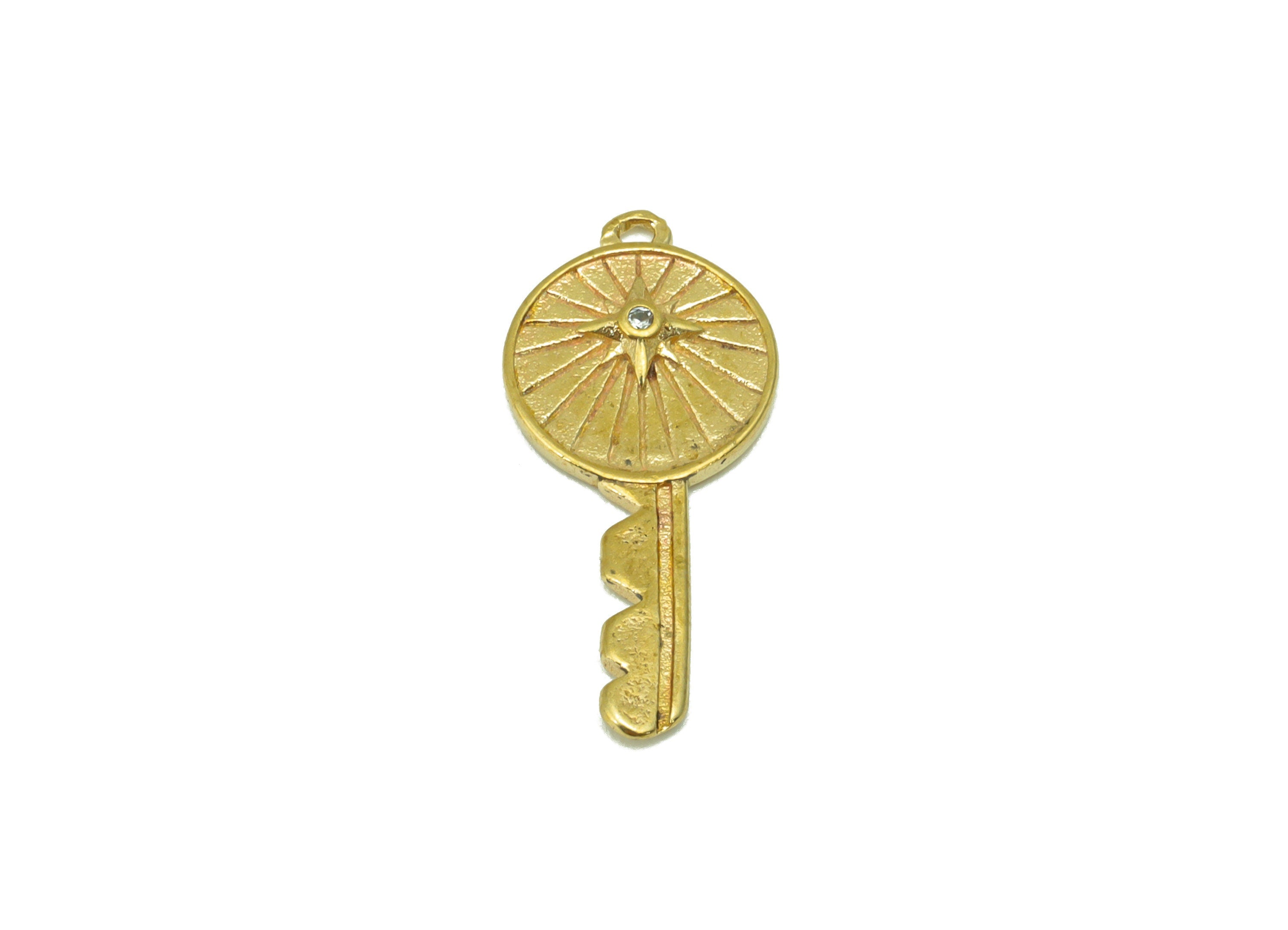Brass Key Earring Charms - Raw Brass Key Pendant - CubicZircons - Jewelry Supplies - 22x 10x 1.91mm - PP8438 - DOMEDBAZAAR