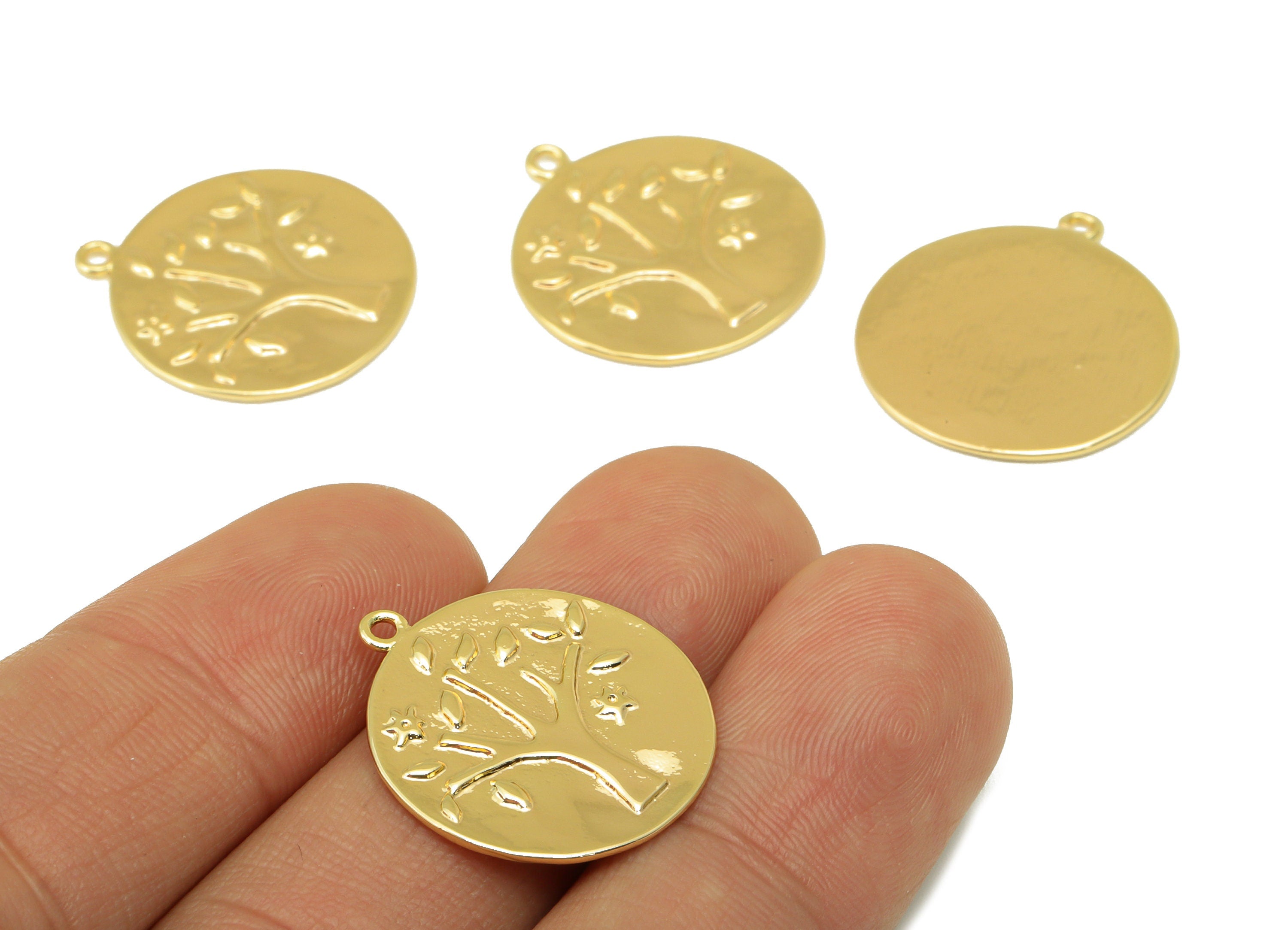 Brass Round Earring - Brass Tree Charm - Gold Star Leaf Pendant - For Necklace - 18k Real Gold Plated - 22.62 x 20.78 x 1.13mm - RGP6476 - DOMEDBAZAAR