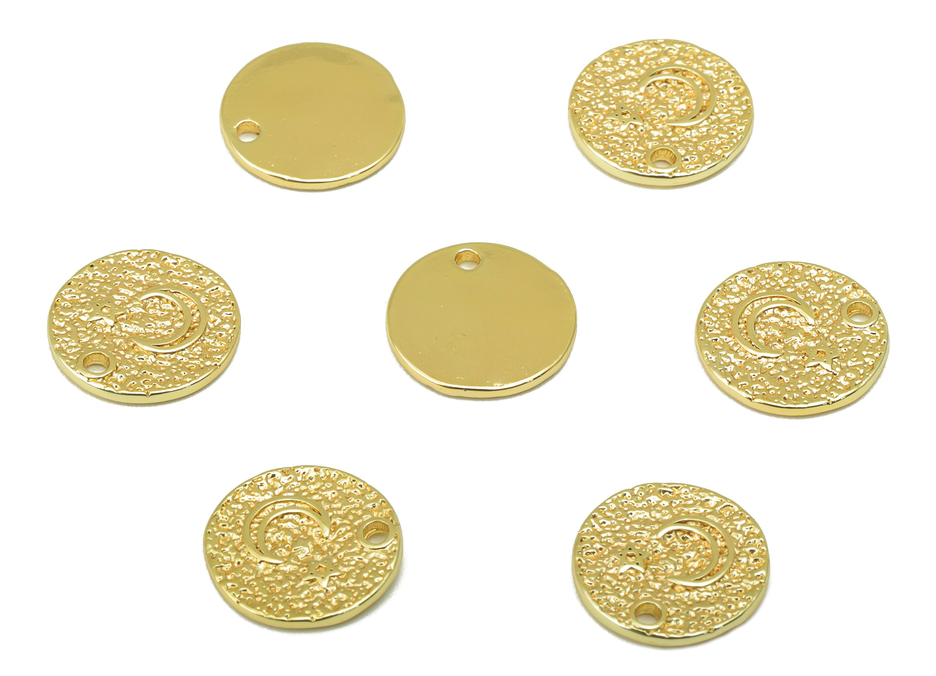 Brass Round Earring - Brass Crescent Star Charm - Textured Star Pendant - For Necklace - 18k Real Gold Plated - 10.56x10.56x0.87mm - RGP6477 - DOMEDBAZAAR