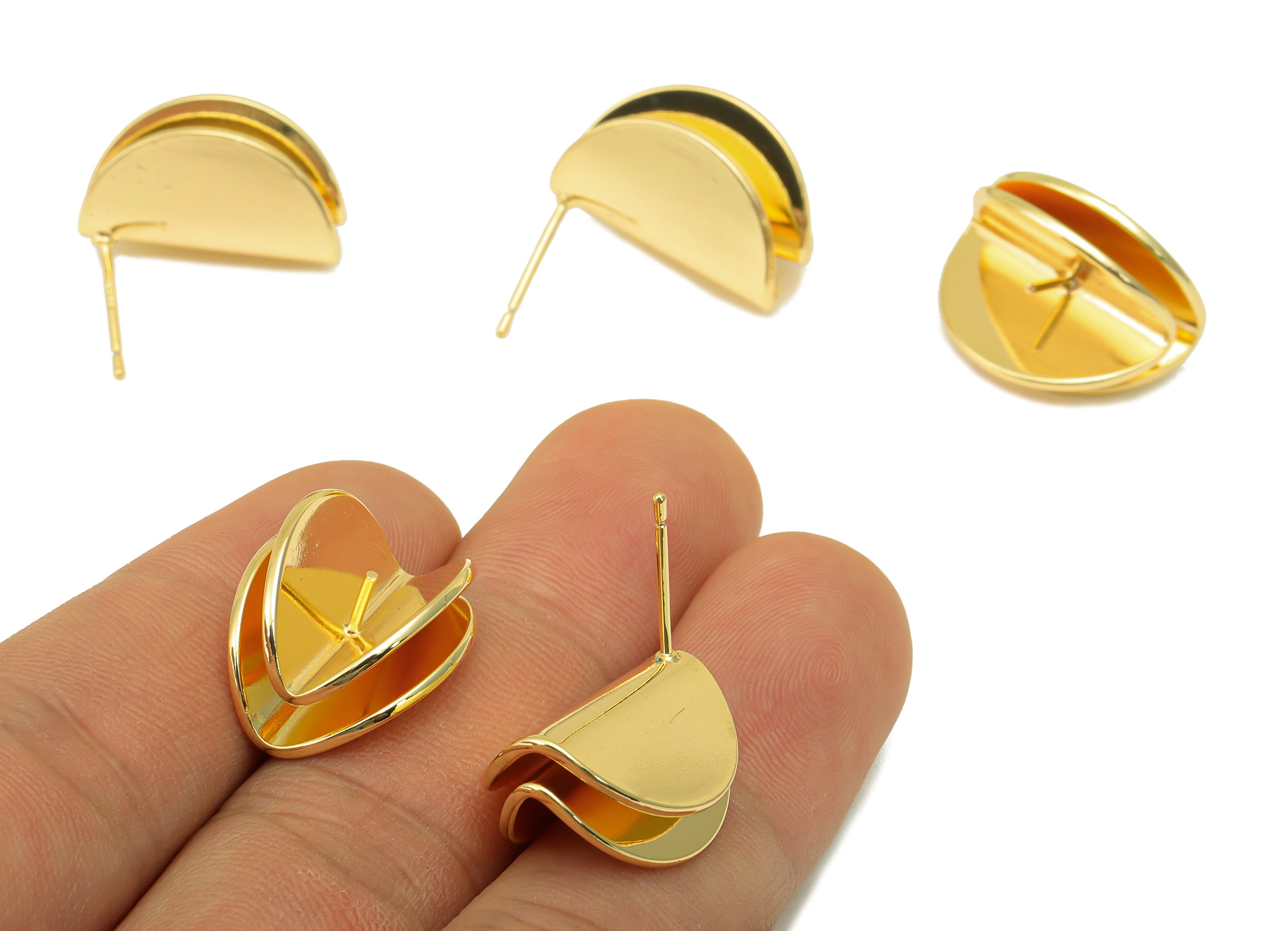 Brass Half Round Earring Stud - Fold Circle Earring Post - Bent Double Round Earring Post for Pearl- 18K Real Gold Plated-20x16x1mm- RGP6250 - DOMEDBAZAAR