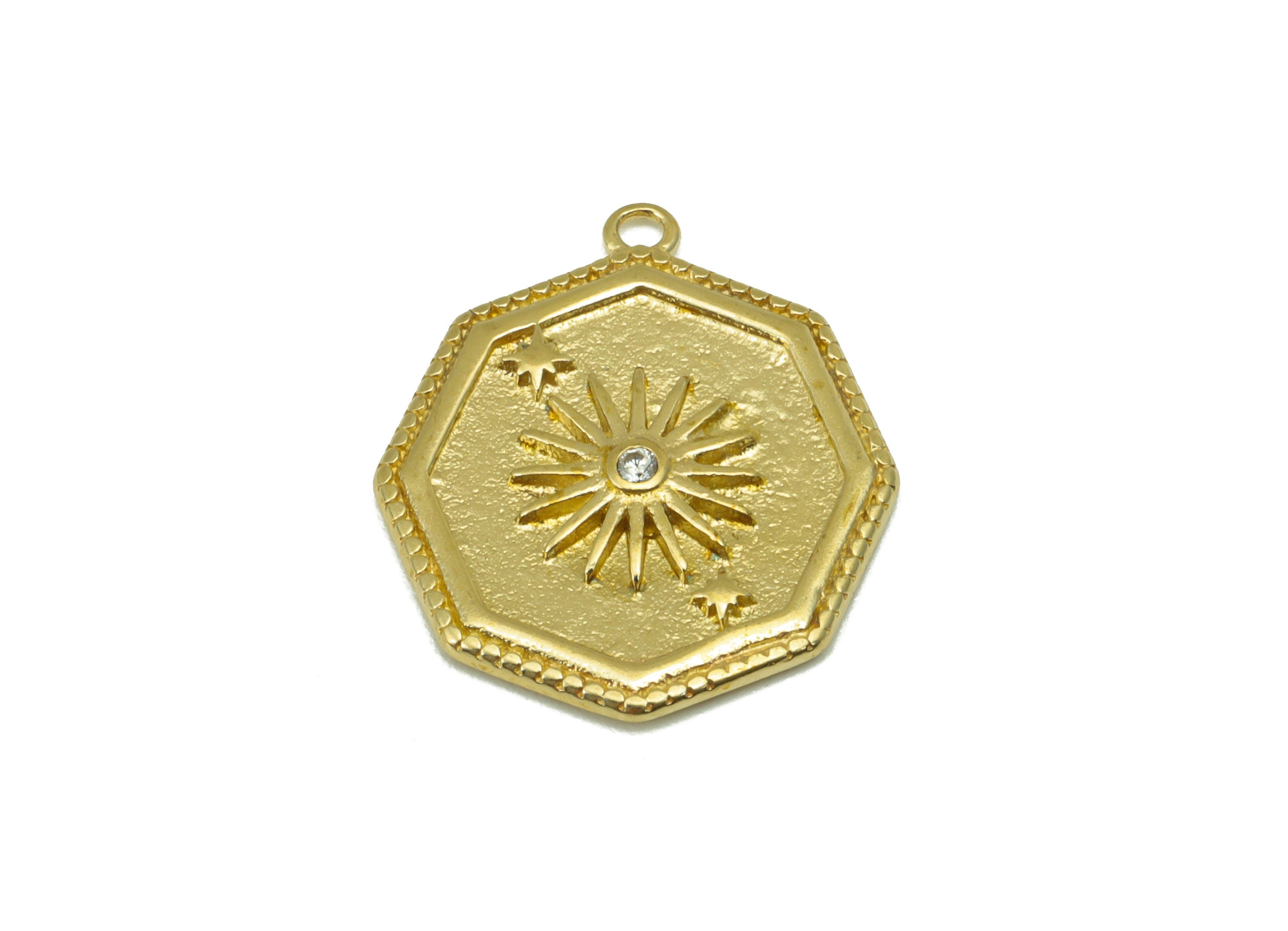 Brass Octagon Earring Charm- Raw Brass Octagon Sun Pendant - Cubic Zircon Star Night Sky - Jewelry Making Supplies - 21x 17x 1.63mm-PP8432 - DOMEDBAZAAR