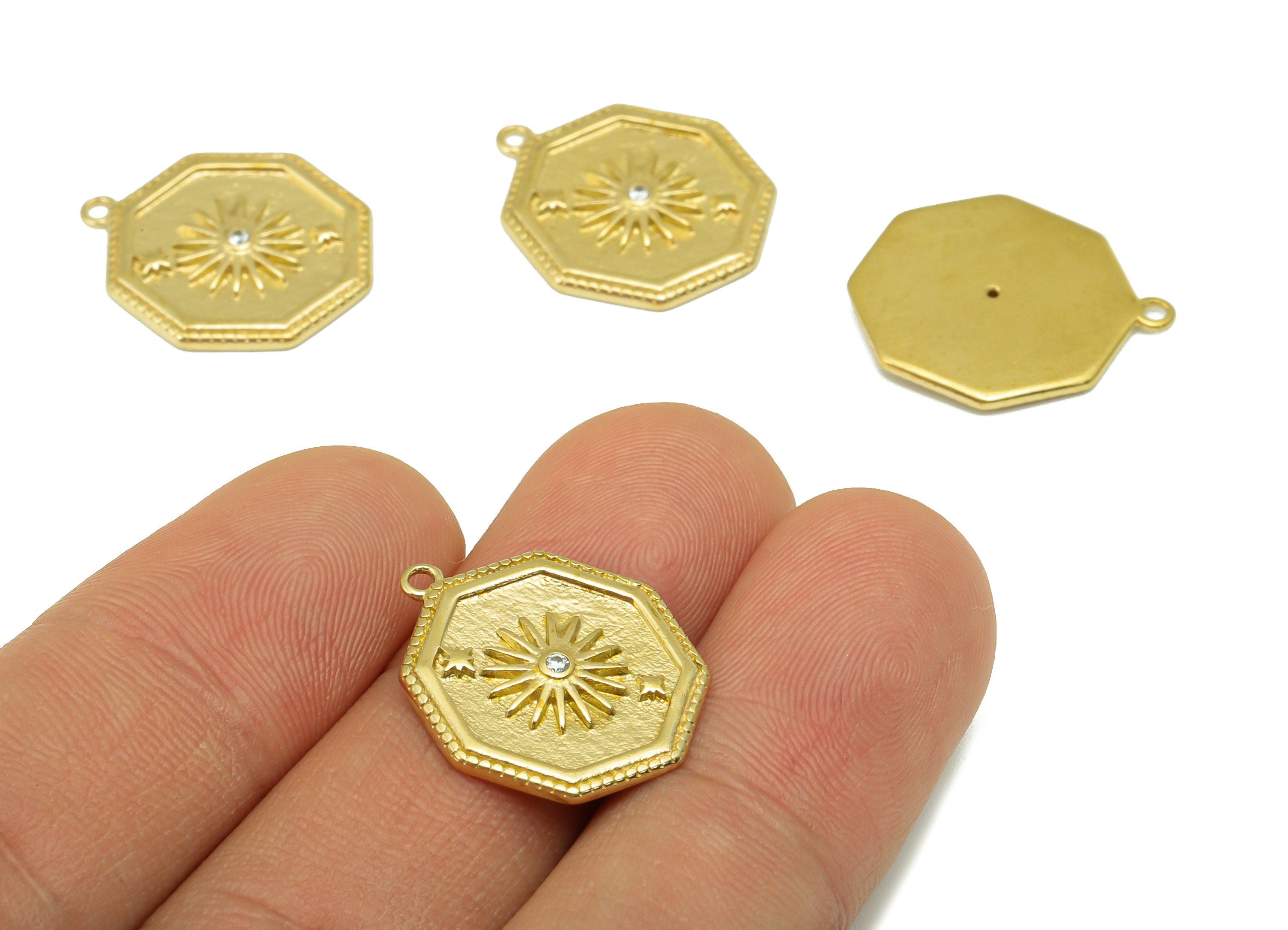 Brass Octagon Earring Charm- Raw Brass Octagon Sun Pendant - Cubic Zircon Star Night Sky - Jewelry Making Supplies - 21x 17x 1.63mm-PP8432 - DOMEDBAZAAR