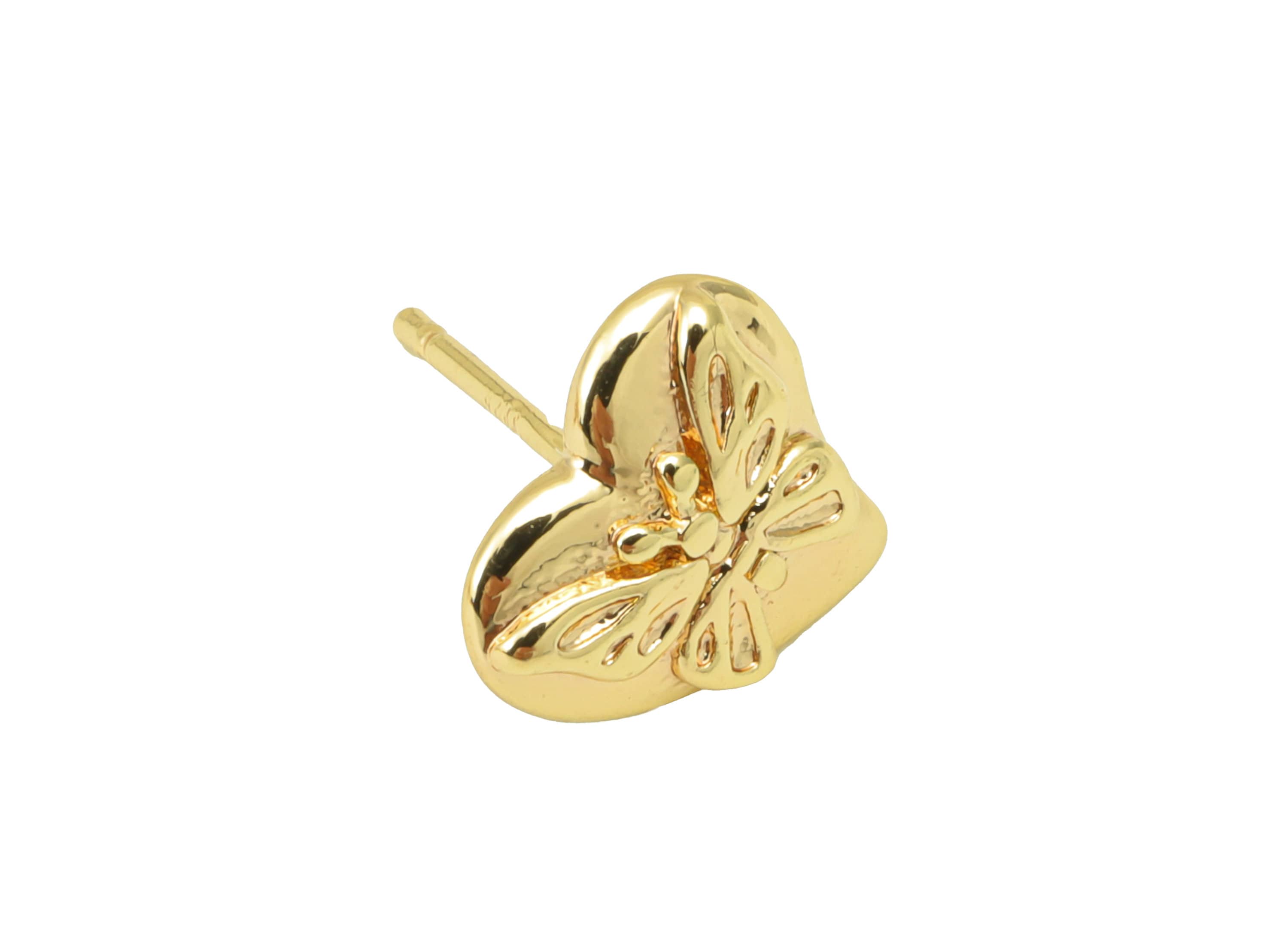 Brass Heart Earring Stud - Butterfly Earring Post - Butterfly Earring Post With Loop - 18K Real Gold Plated - 9.5x10.67x2.26mm- RGP6282 - DOMEDBAZAAR