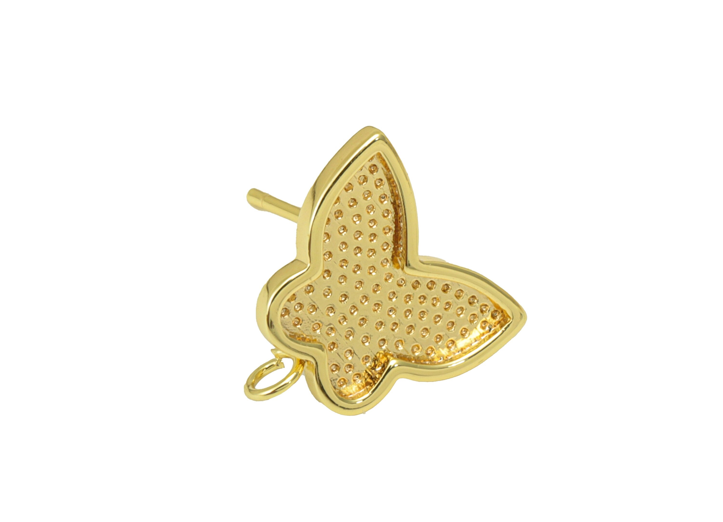 Brass Butterfly Earring Stud - Dot Butterfly Earring Post - Animal Earring Post With Loop - 18K Real Gold Plated - 12.4x12.96x1.5mm- RGP6265 - DOMEDBAZAAR