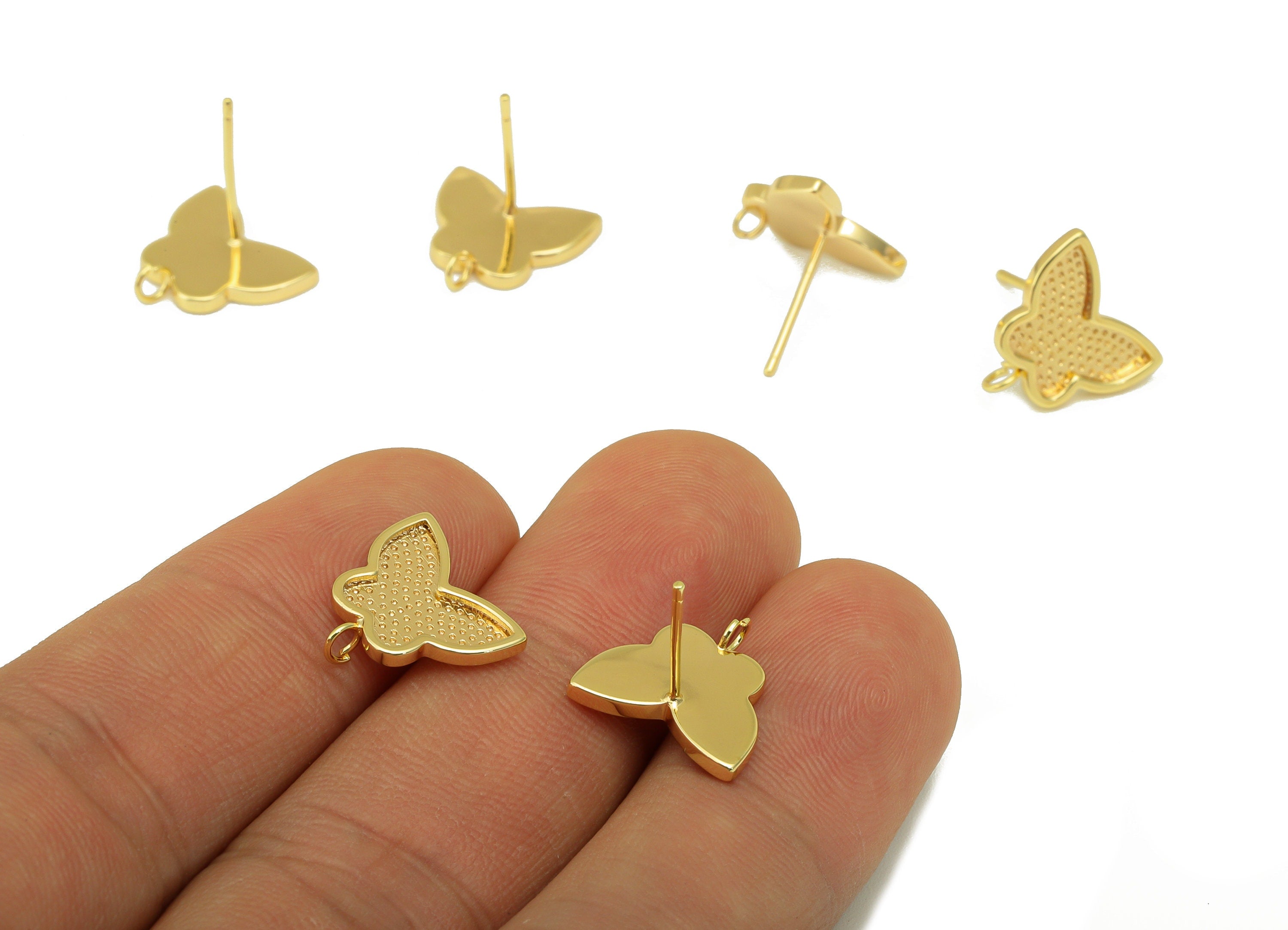 Brass Butterfly Earring Stud - Dot Butterfly Earring Post - Animal Earring Post With Loop - 18K Real Gold Plated - 12.4x12.96x1.5mm- RGP6265 - DOMEDBAZAAR