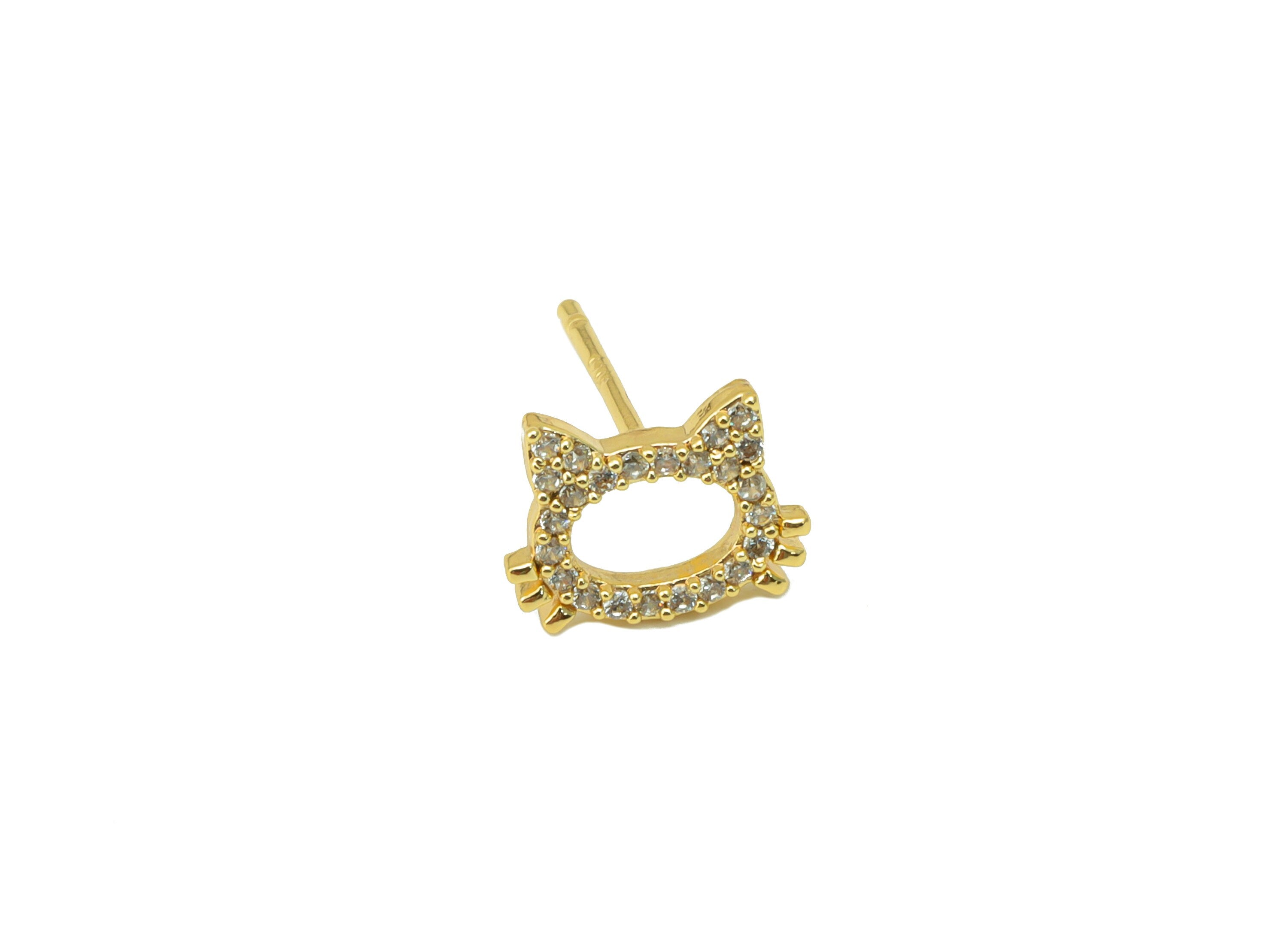 Brass Cat Earring Stud - Cubic Zircon Cat Head Earring Post - Hello Kitty Earring Post - 18K Real Gold Plated - 9.35x7.17x 1.52mm- RGP6241 - DOMEDBAZAAR
