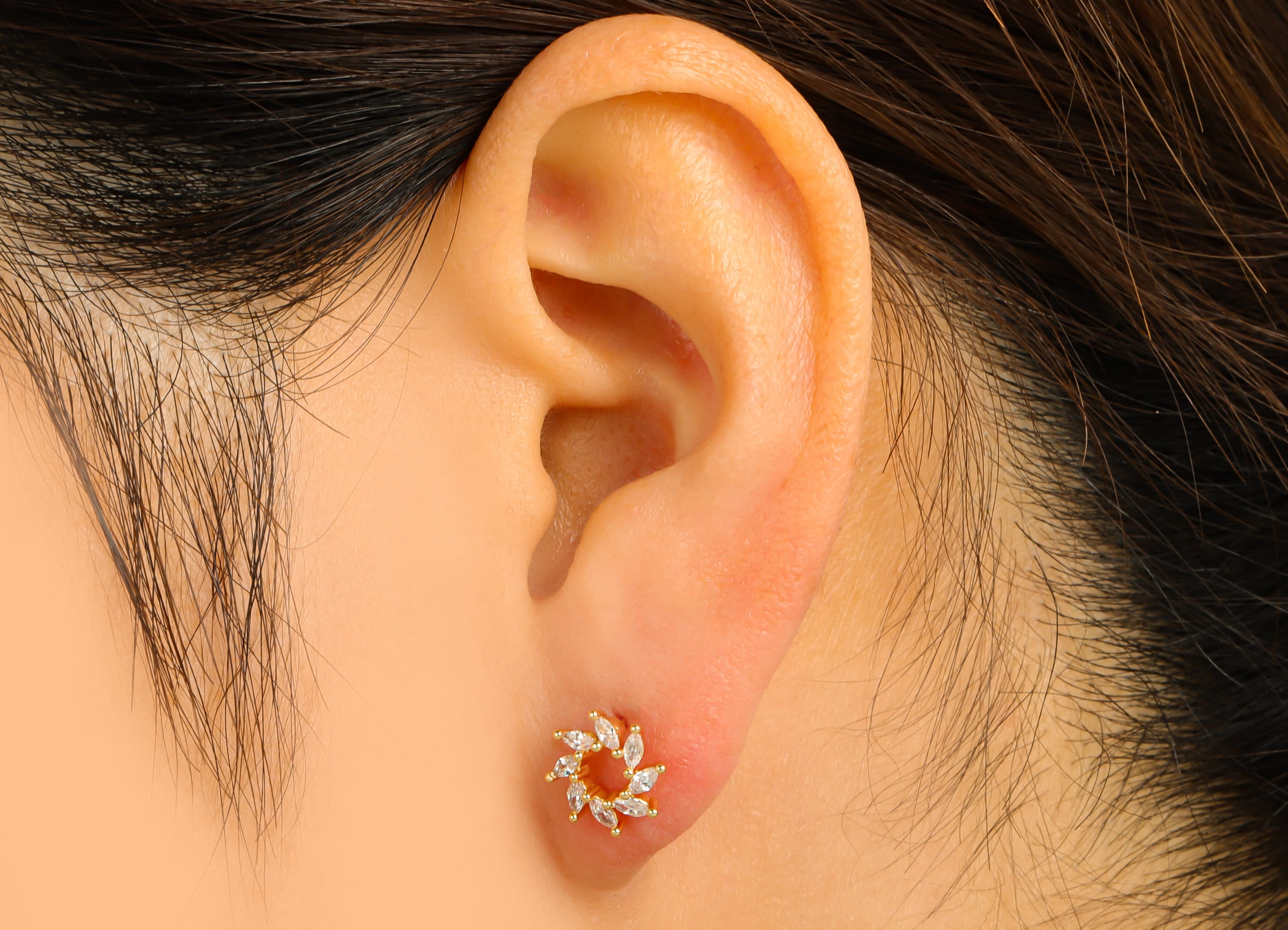 Brass Windmill Earring Stud - Cubic Zircon Flower Head Earring Post - Marquise Earring Post - 18K Real Gold Plated - 9.5x 9x1.75mm- RGP6260 - DOMEDBAZAAR