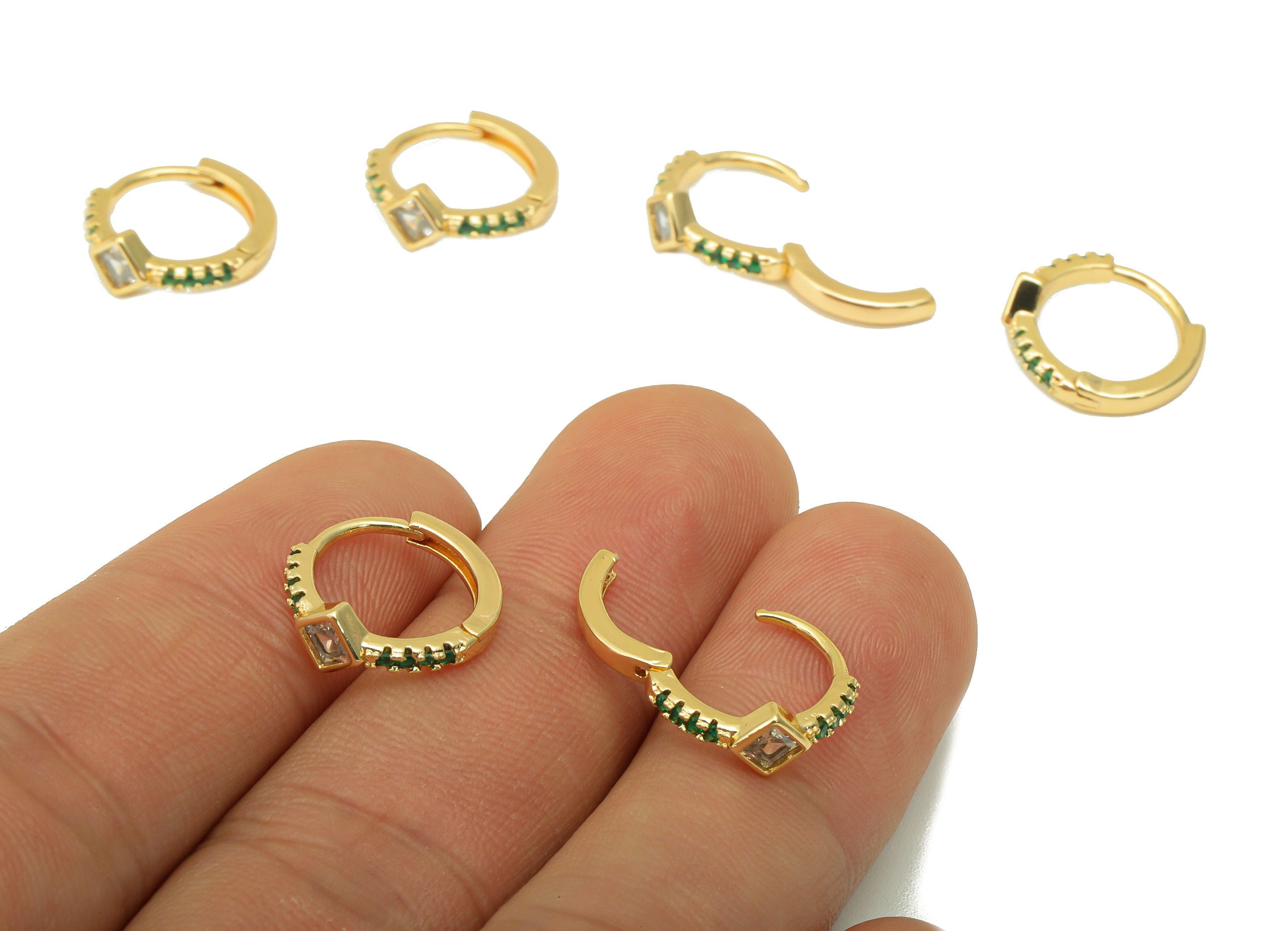 Brass Ring Clasp - Cubic Zircon Huggie Clasp - Solitaire Hoop Clasp - CZ Princess Clasp Huggie - 18K Real Gold Plated - 14x13x2mm- RGP6238 - DOMEDBAZAAR