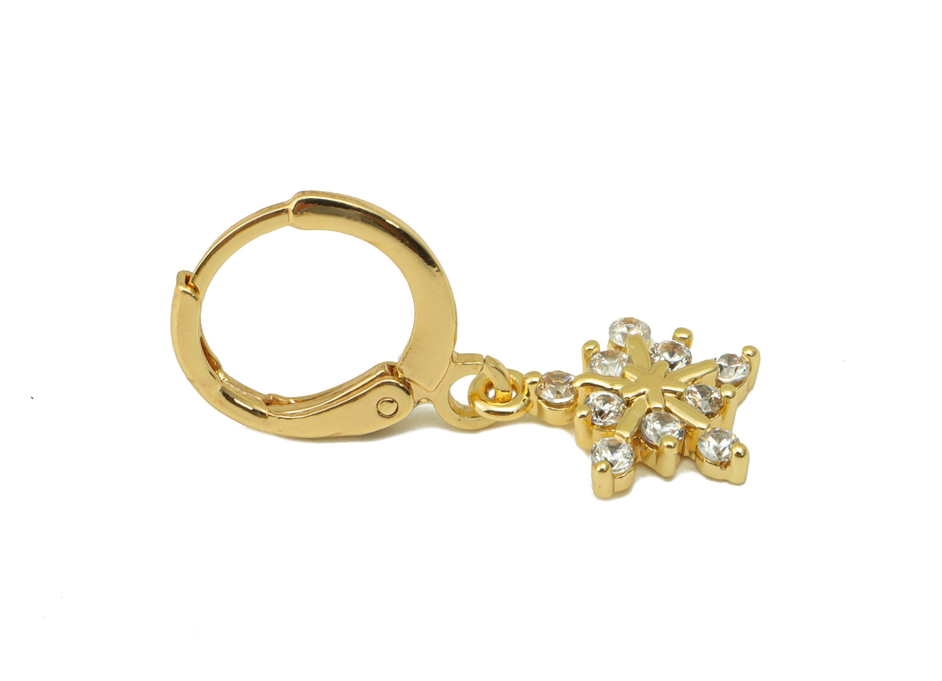 Brass Snowflake Clasp - Cubic Zircon Huggie Clasp - Lever Back Hoop Clasp - CZ Clasp Huggie - 18K Real Gold Plated -25.5x11x 2.38mm- RGP6275 - DOMEDBAZAAR
