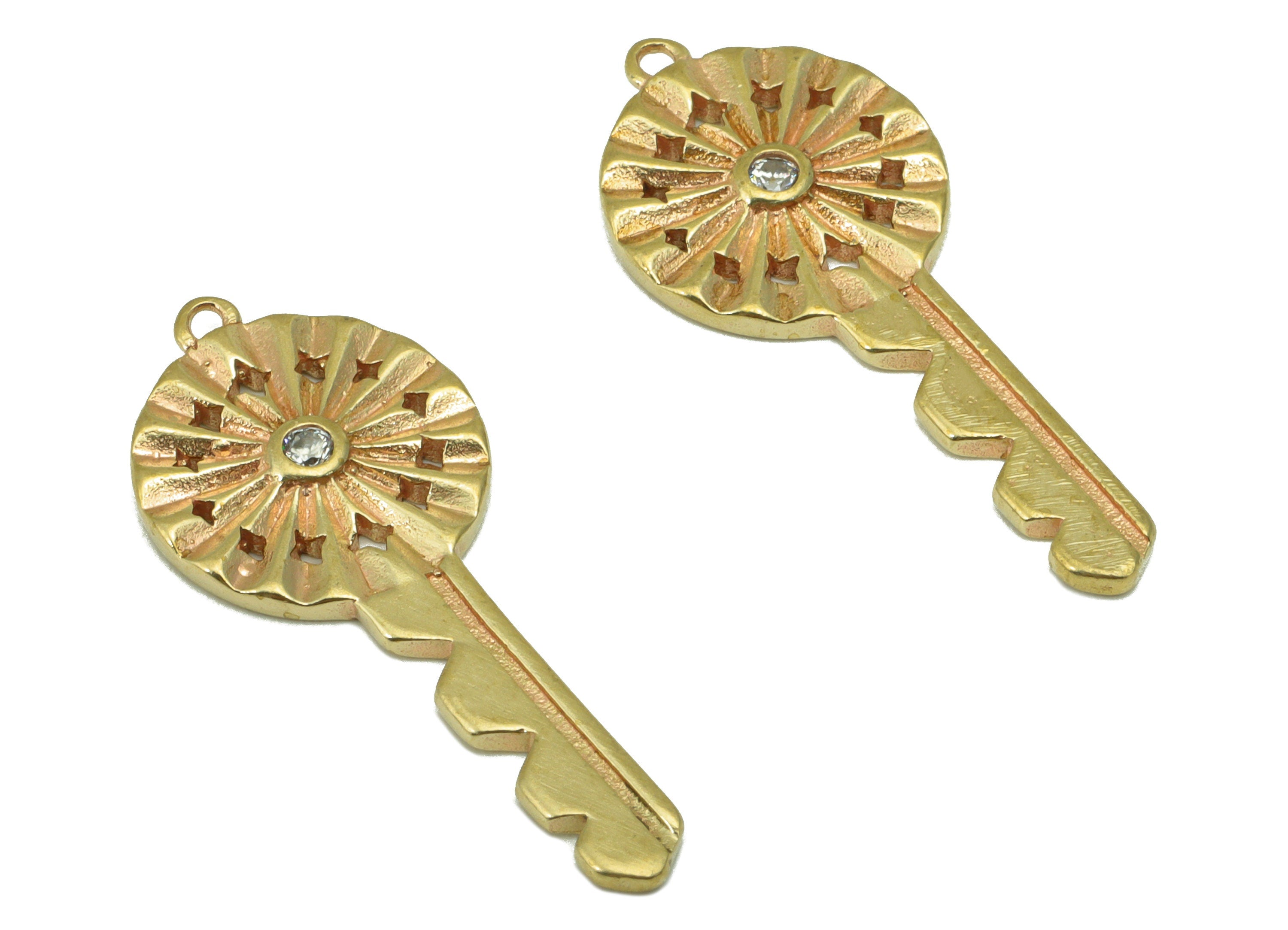 Brass Key Earring Charm - Raw Brass Key Pendant - CubicZircons - Earring Finding -Jewelry Supplies -30x 13 x 2.12mm-PP8444 - DOMEDBAZAAR
