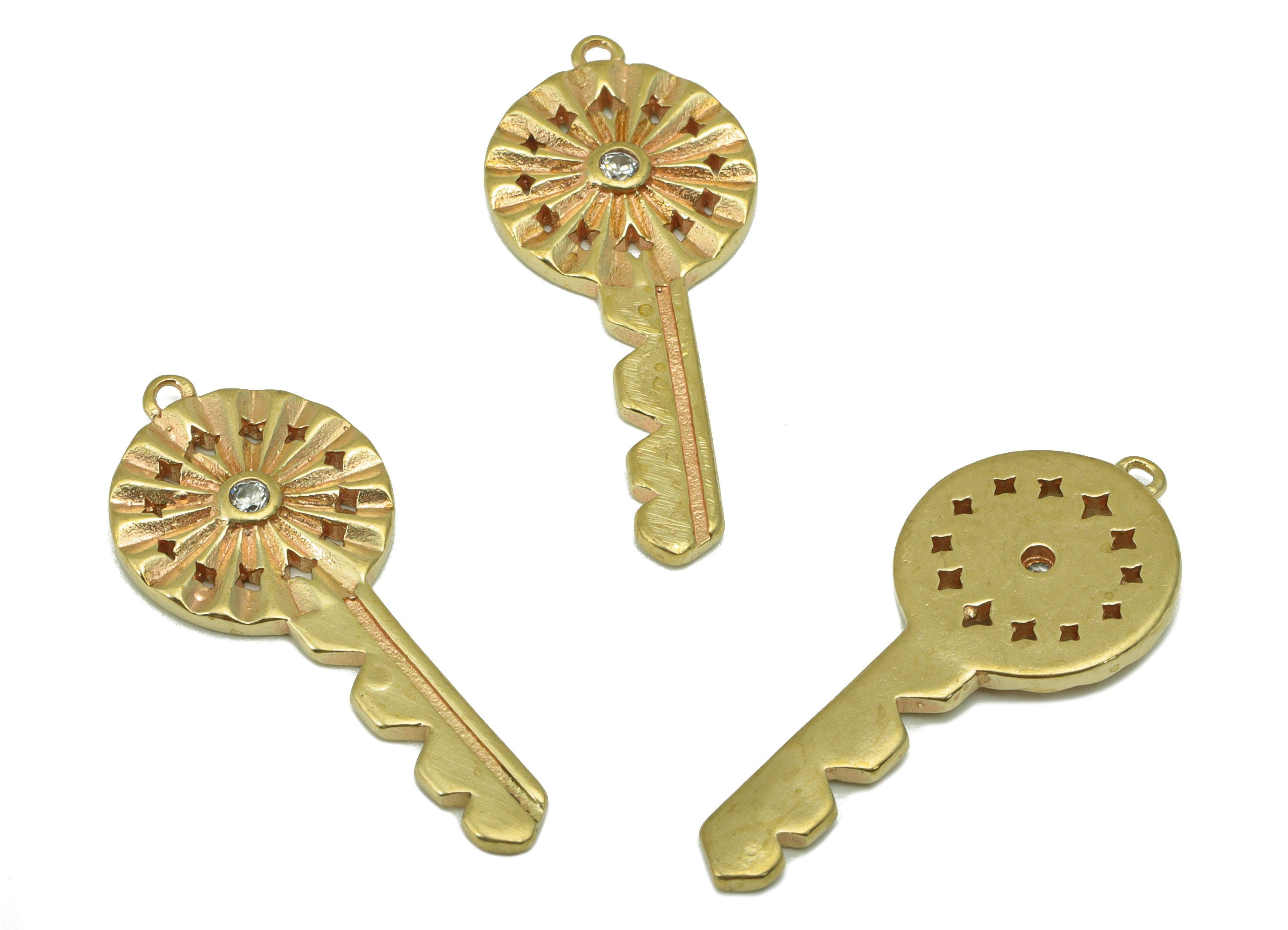Brass Key Earring Charm - Raw Brass Key Pendant - CubicZircons - Earring Finding -Jewelry Supplies -30x 13 x 2.12mm-PP8444 - DOMEDBAZAAR
