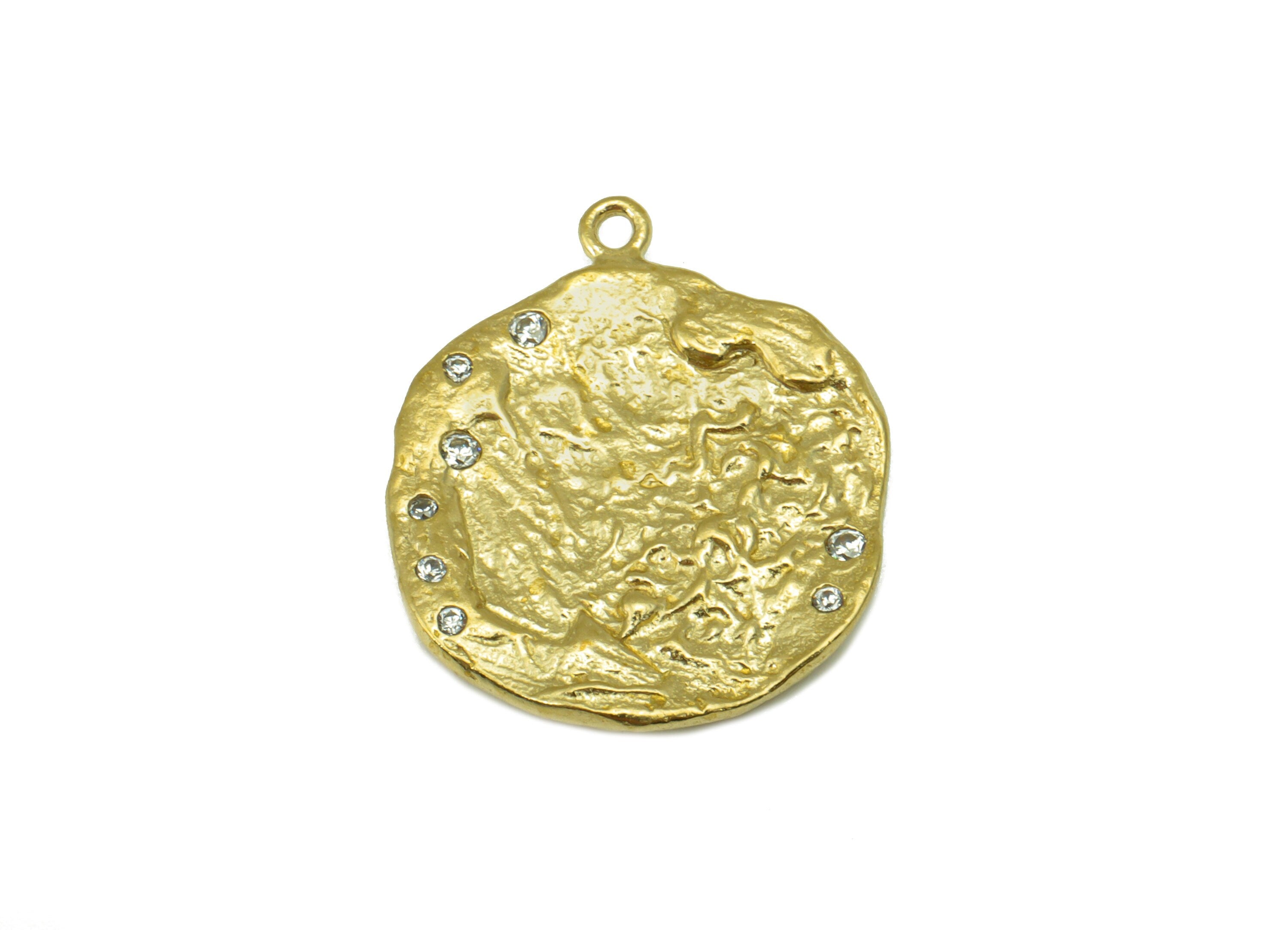 Brass Round Earring Charm-Raw Brass Textured Pendant - Cubic Zircon - Earring Finding-Jewelry Supplies -22x 18x1.83mm-PP8405 - DOMEDBAZAAR
