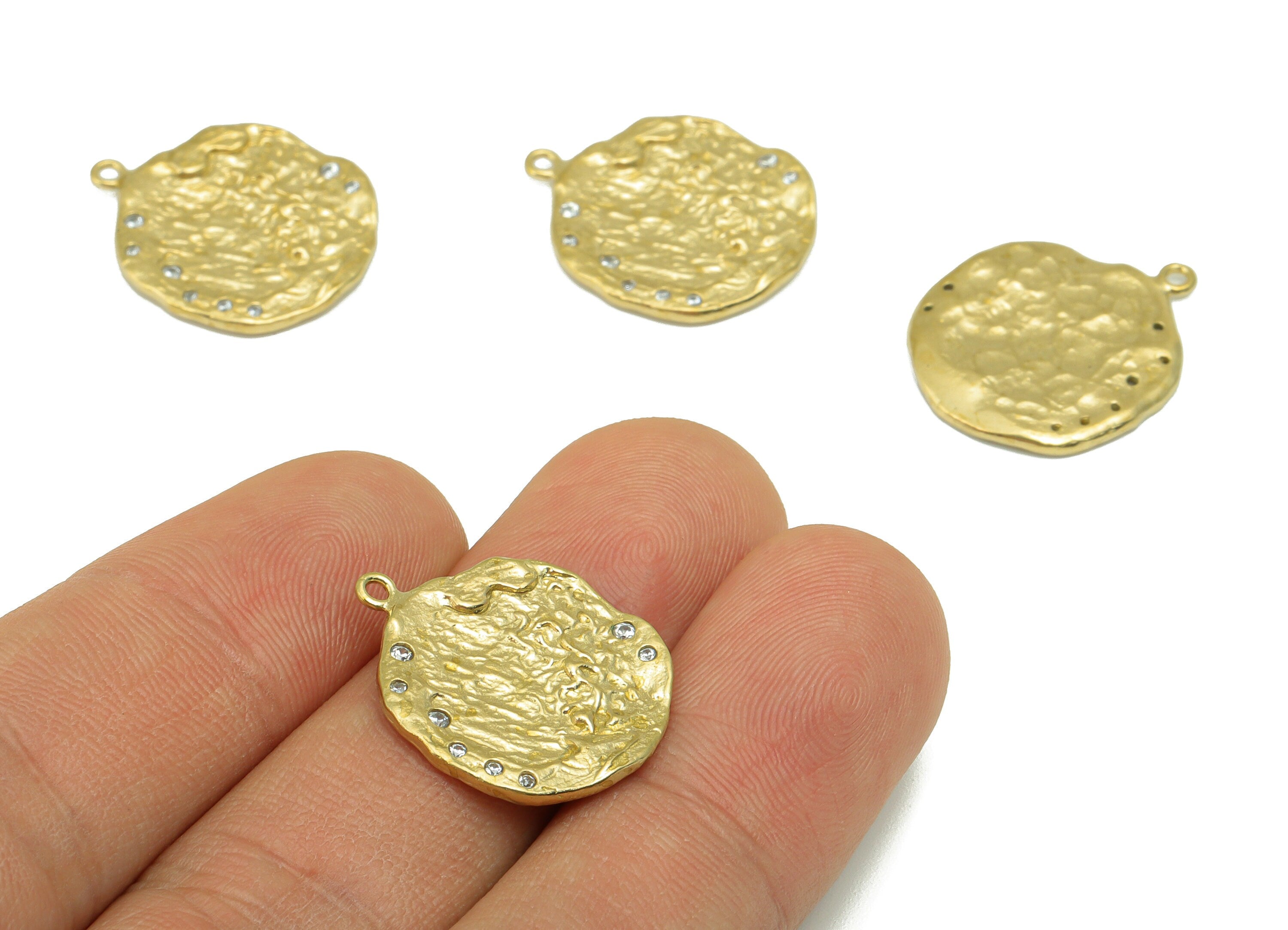 Brass Round Earring Charm-Raw Brass Textured Pendant - Cubic Zircon - Earring Finding-Jewelry Supplies -22x 18x1.83mm-PP8405 - DOMEDBAZAAR