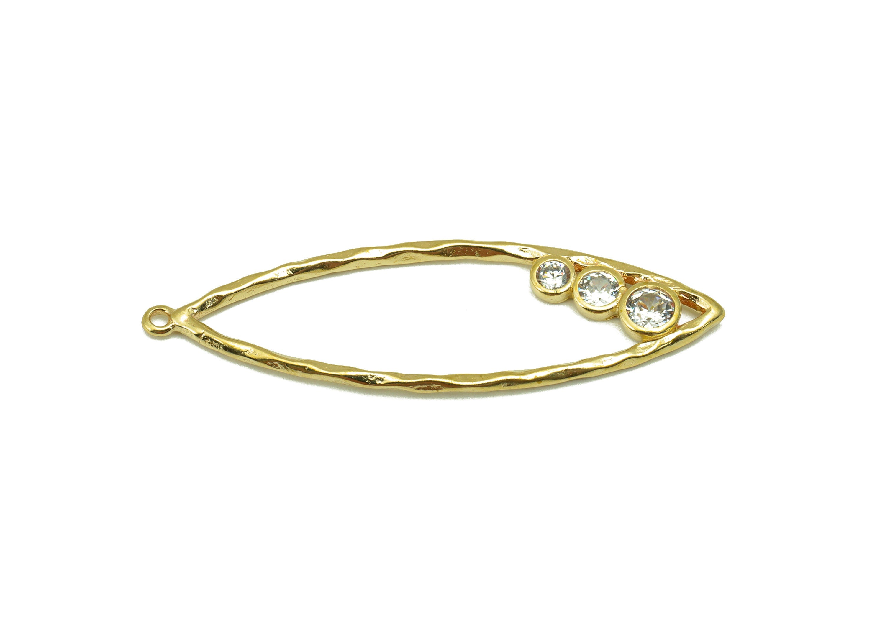 Brass Marquise Earring Charm-Raw Brass Hammered Pendant-Cubic Zircon- Earring Making-JewelrySupplies -41 x11 x1.72mm-PP8439 - DOMEDBAZAAR