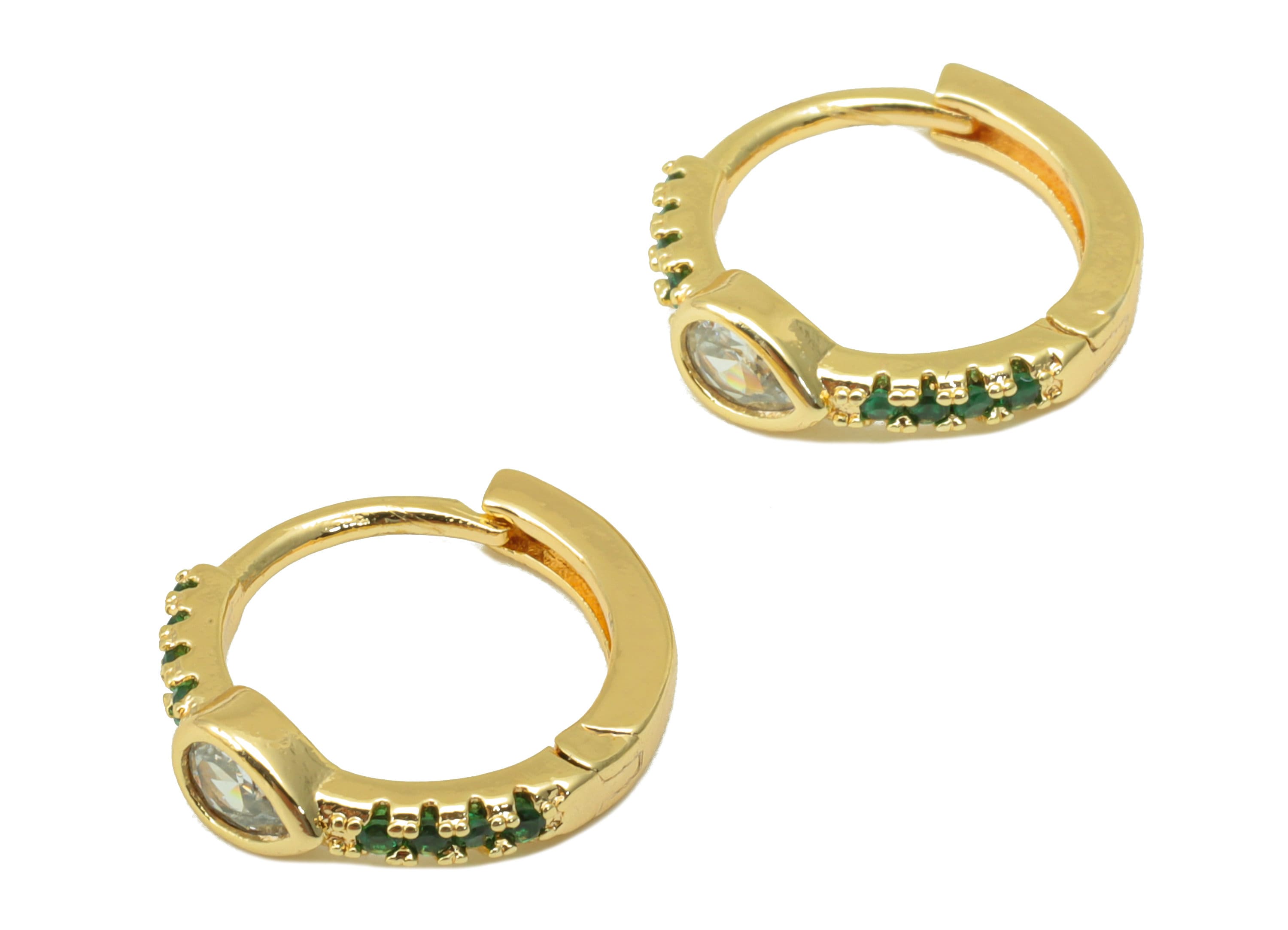 Brass Ring Clasp - Cubic Zircon Huggie Clasp - Green Hoop Clasp - CZ Teardrop Clasp Huggie - 18K Real Gold Plated -14.05x12.95x2mm- RGP6274 - DOMEDBAZAAR